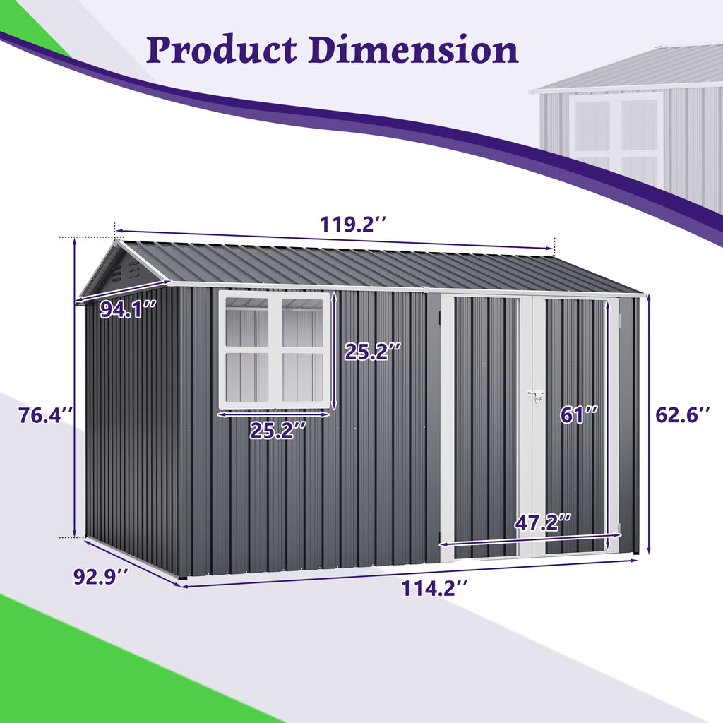 10X8FT Outdoor Steel Storage Shed with Clear Window