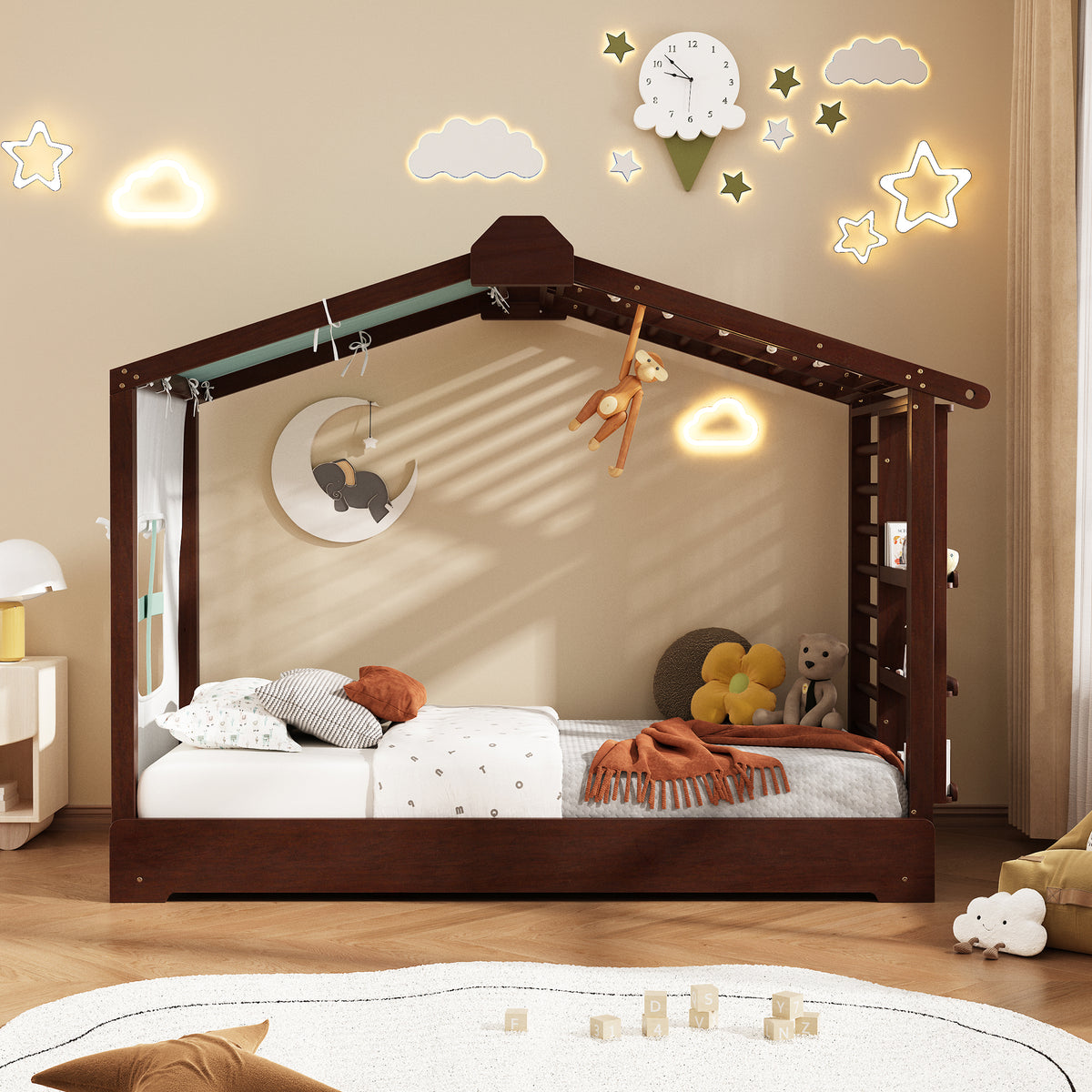 Twin Size House Bed with Twin Size Trundle and Side Shelves