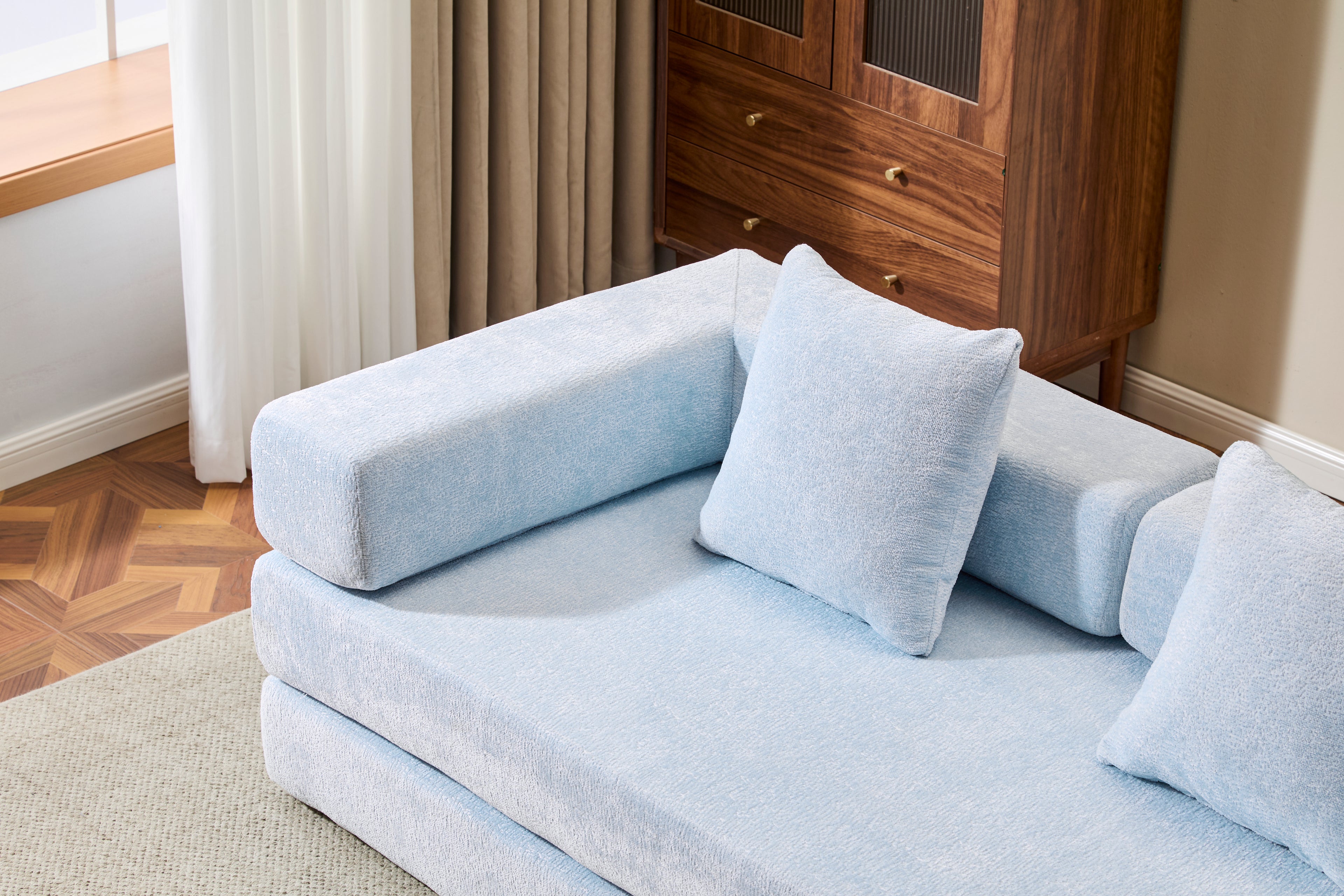 Light Blue Chenille Convertible Floor Couch