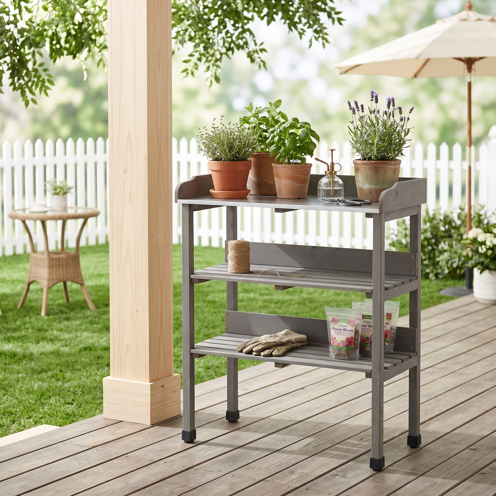 30″x14.5″×35.5″ Potting Table with Metal Tabletop