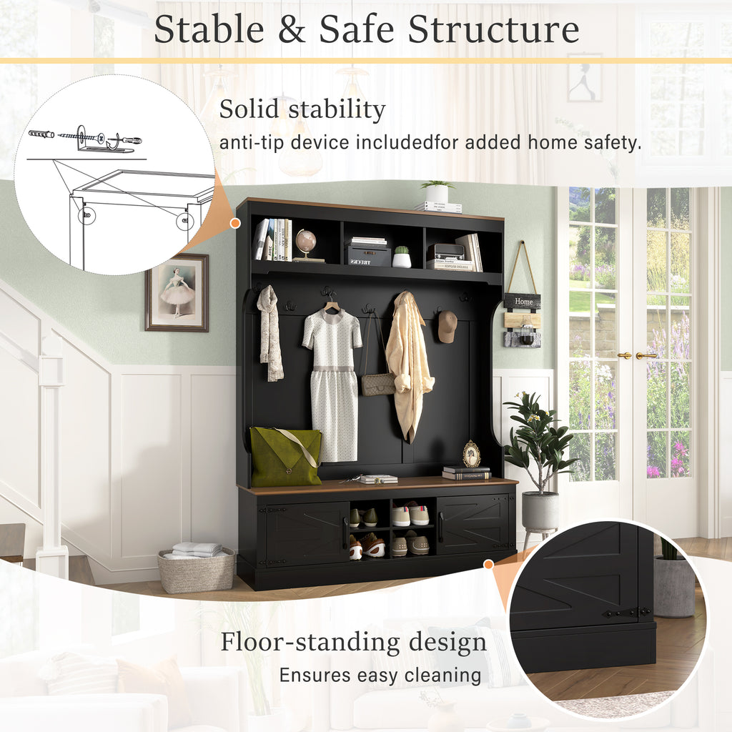 Vibe Haus 71"H Farmhouse Hall Tree with Bench and Shoe Storage
