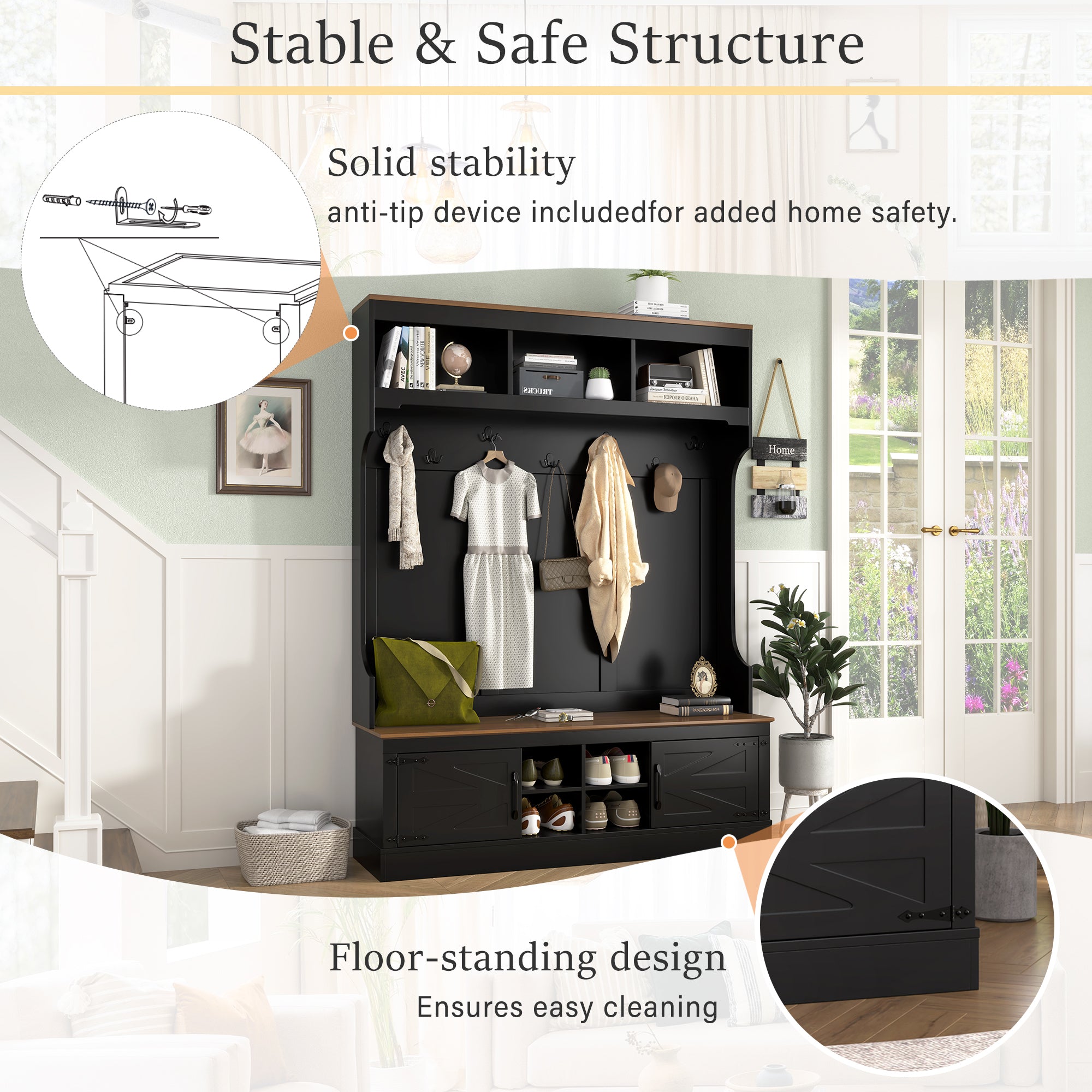 Vibe Haus 71"H Farmhouse Hall Tree with Bench and Shoe Storage