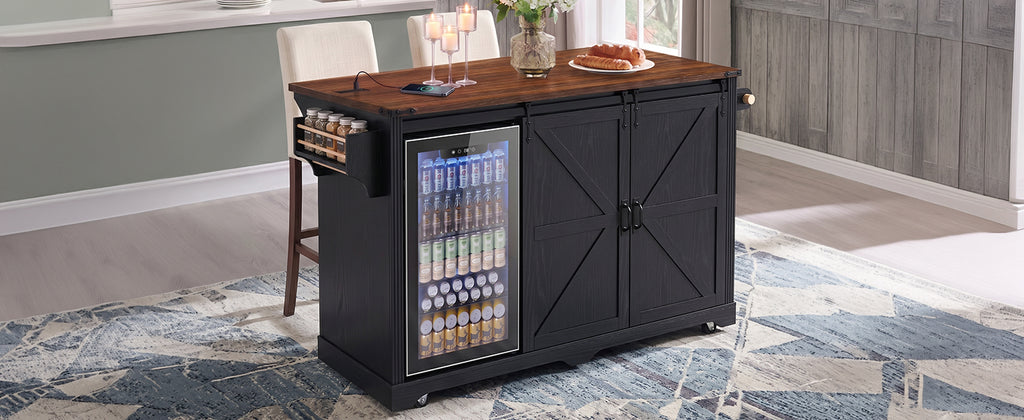 K&K 72" Farmhouse Kitchen Island with Fridge Storage