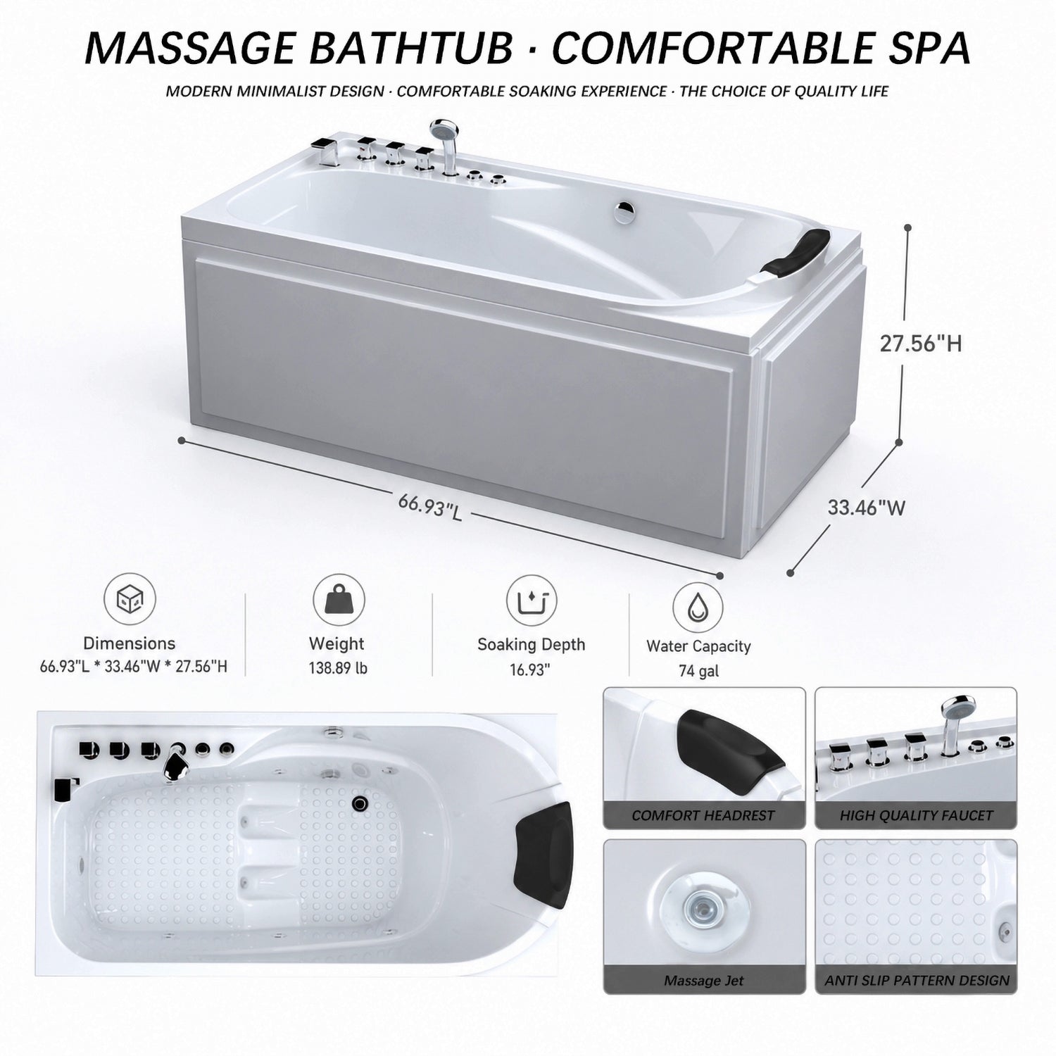 67 in. x 34 in. Acrylic Whirlpool Bathtub with Center Drain