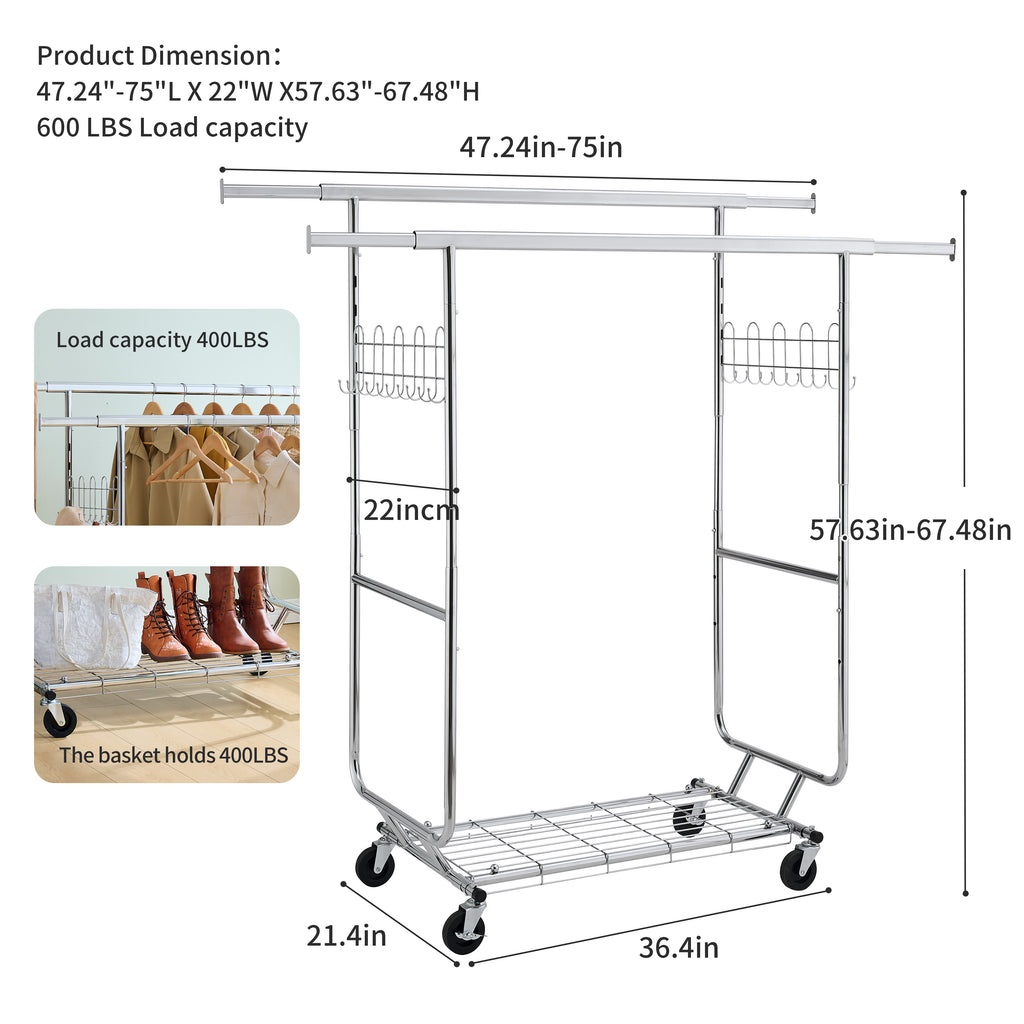Double Clothing Garment Rack with Shelves