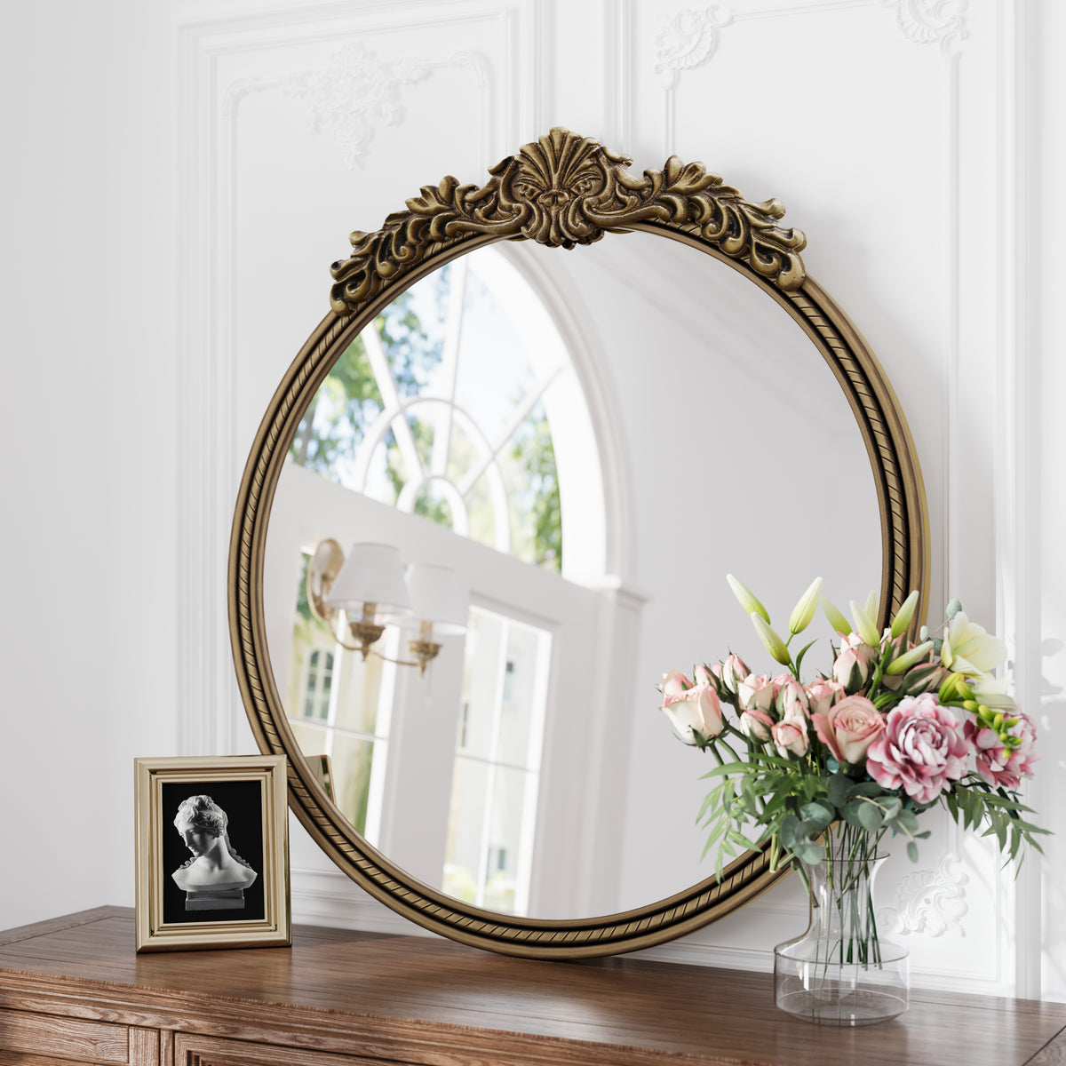 33.27-Inch Round Vintage Relief Mirror Wall Hanging, Antique Gold