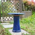 Handmade Glazed Ceramic Bird Bath, 17" Swirling Scroll Embossed Tray