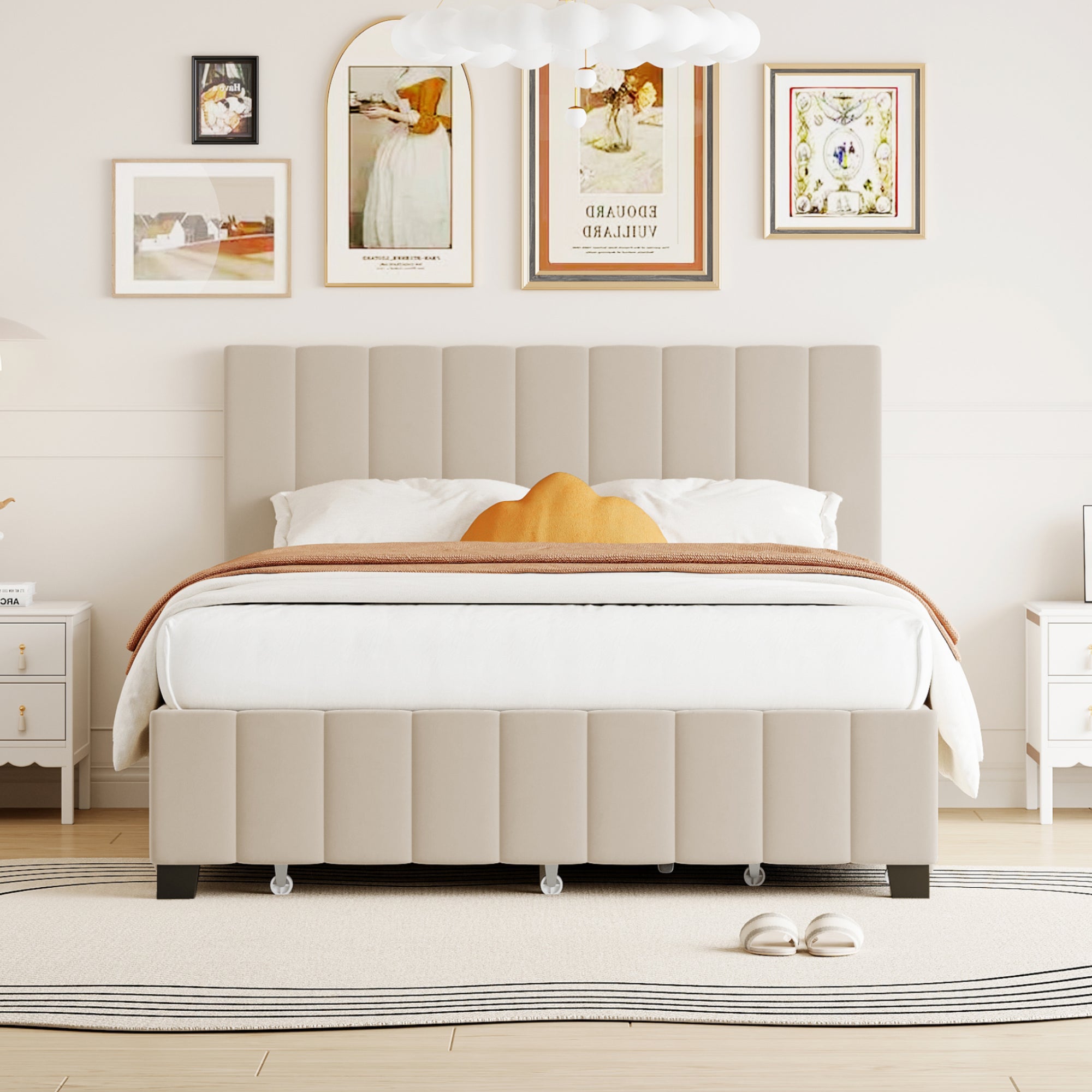 Queen Size Velvet Upholstered Platform Bed with 2 Drawers and Trundle