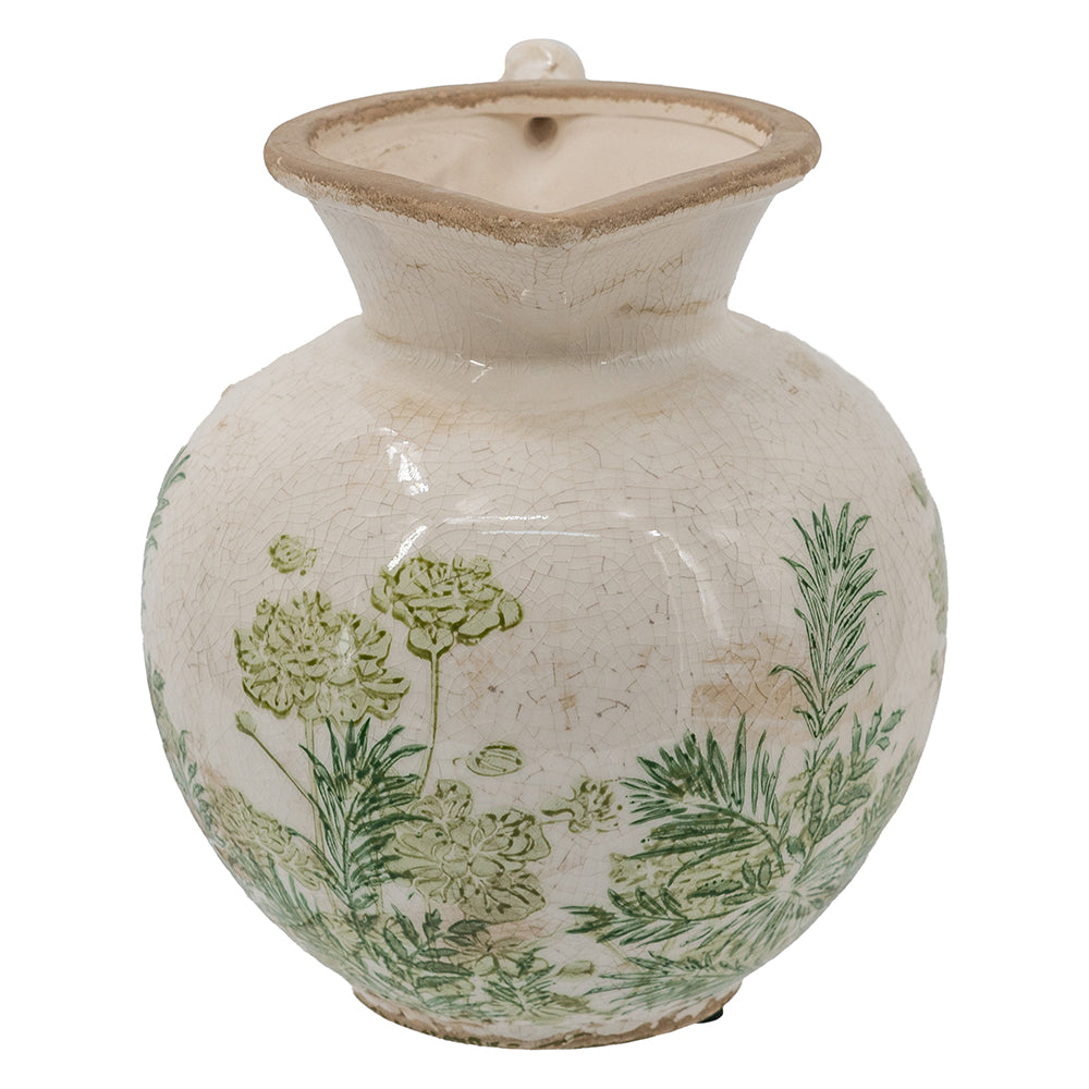 White Ceramic Pitcher Vase with Green Botanical Motifs and Twisted Handle