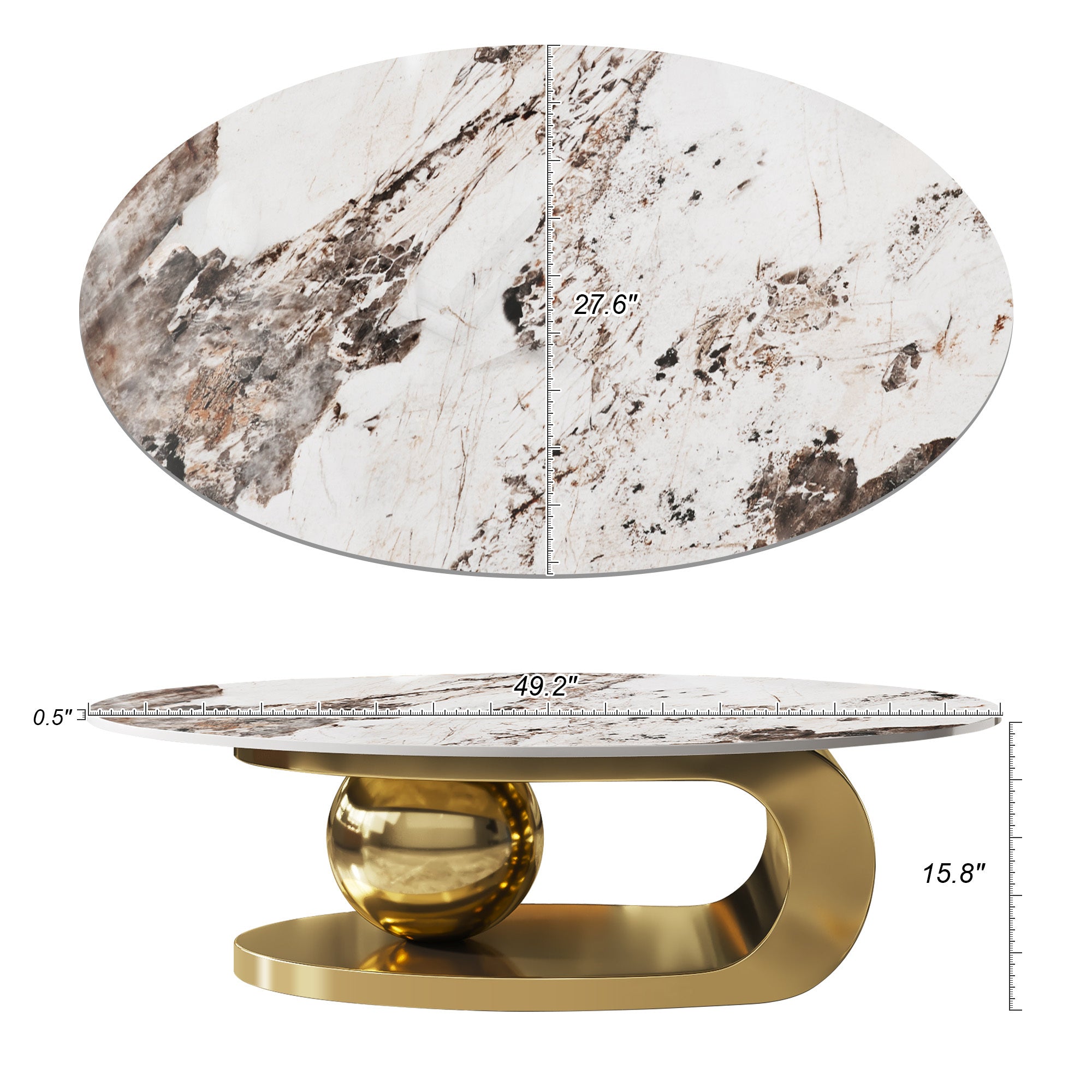 49.2 Inches Oval Faux Marble Coffee Table for Living Room with Stainless Steel Base