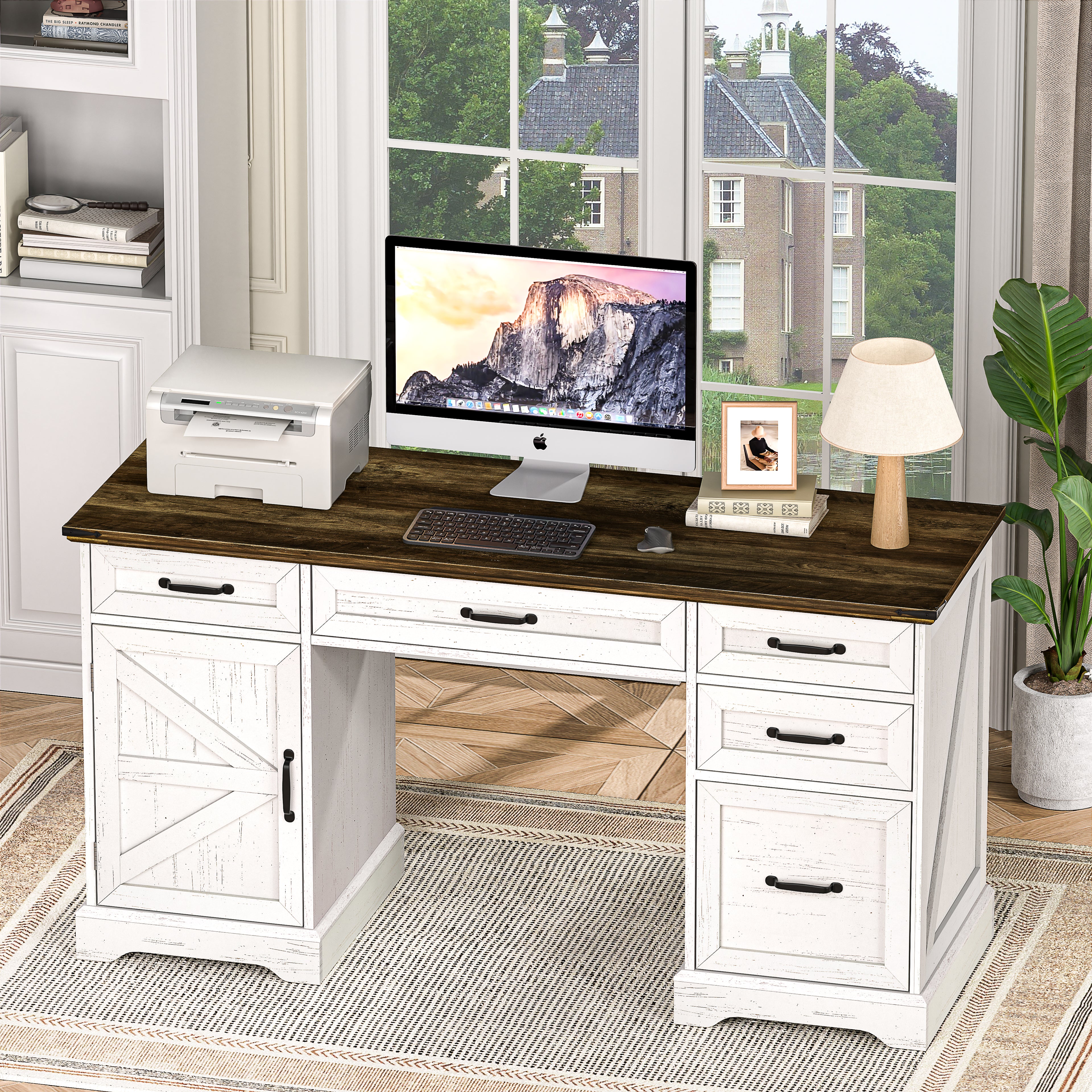 58" Farmhouse Executive Desk with Drawers and File Cabinet