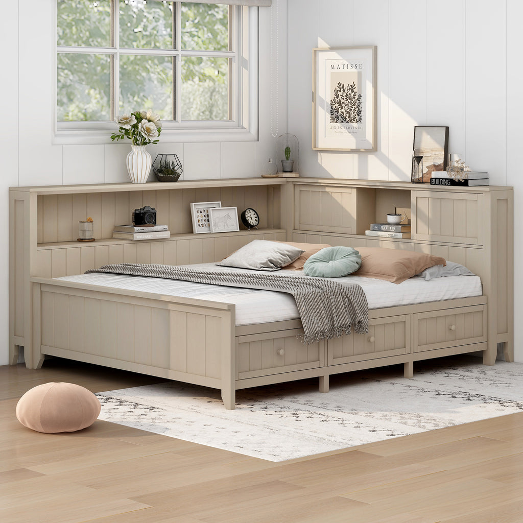 Full Size Wood Daybed with Storage Shelves and 3 Drawers, Antique