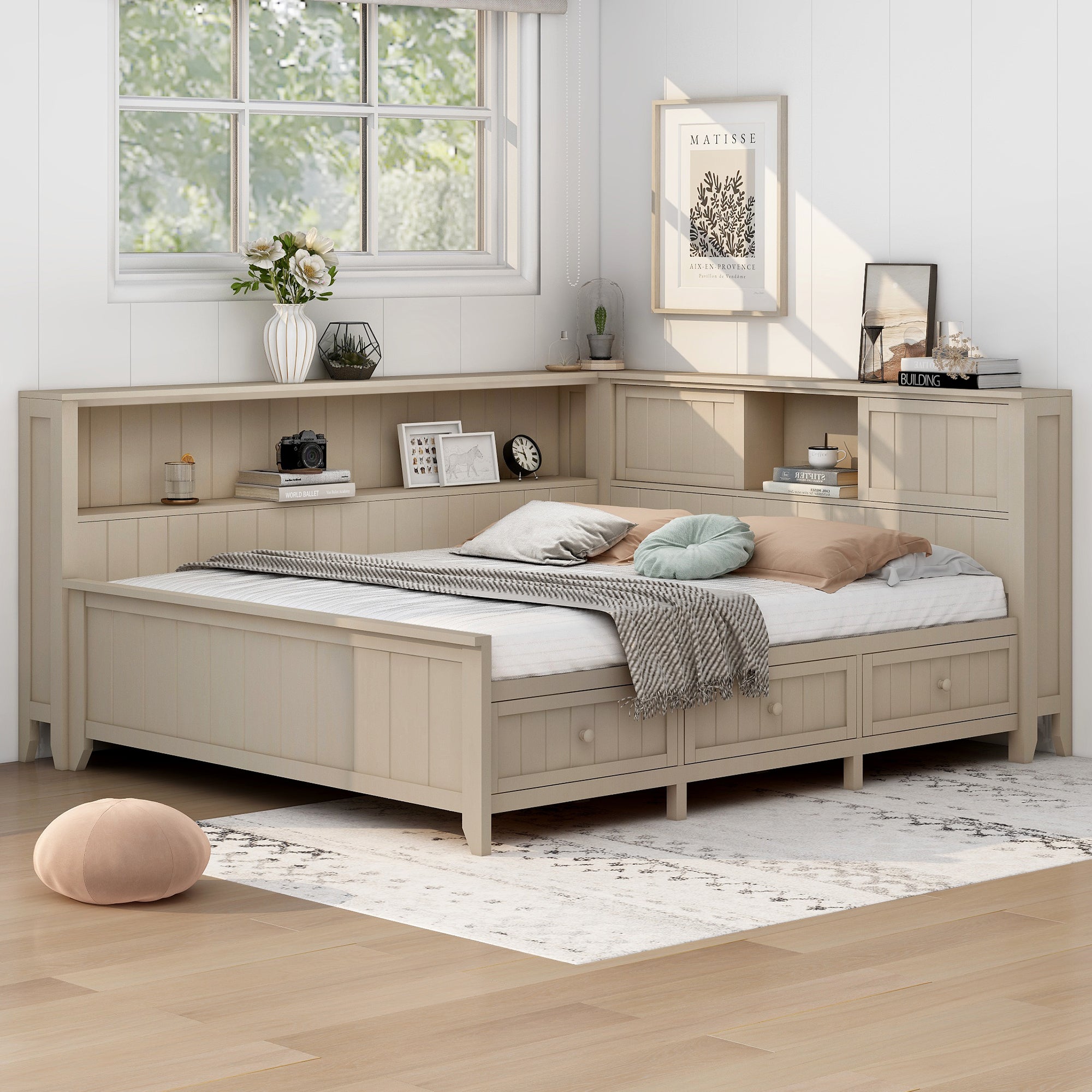 Full Size Wood Daybed with Storage Shelves and 3 Drawers, Antique