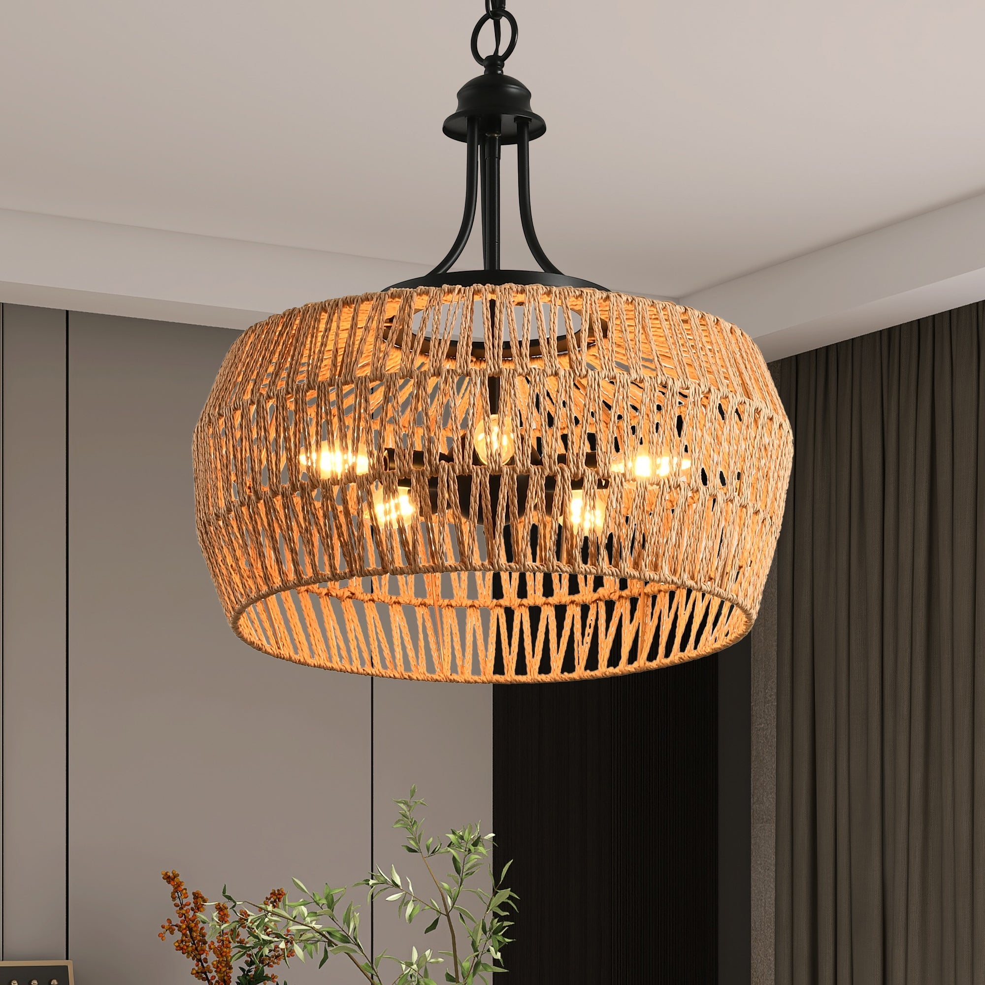 19' Boho Hemp Rope Pendant Light, Hand-Woven Jute Hanging Lamp
