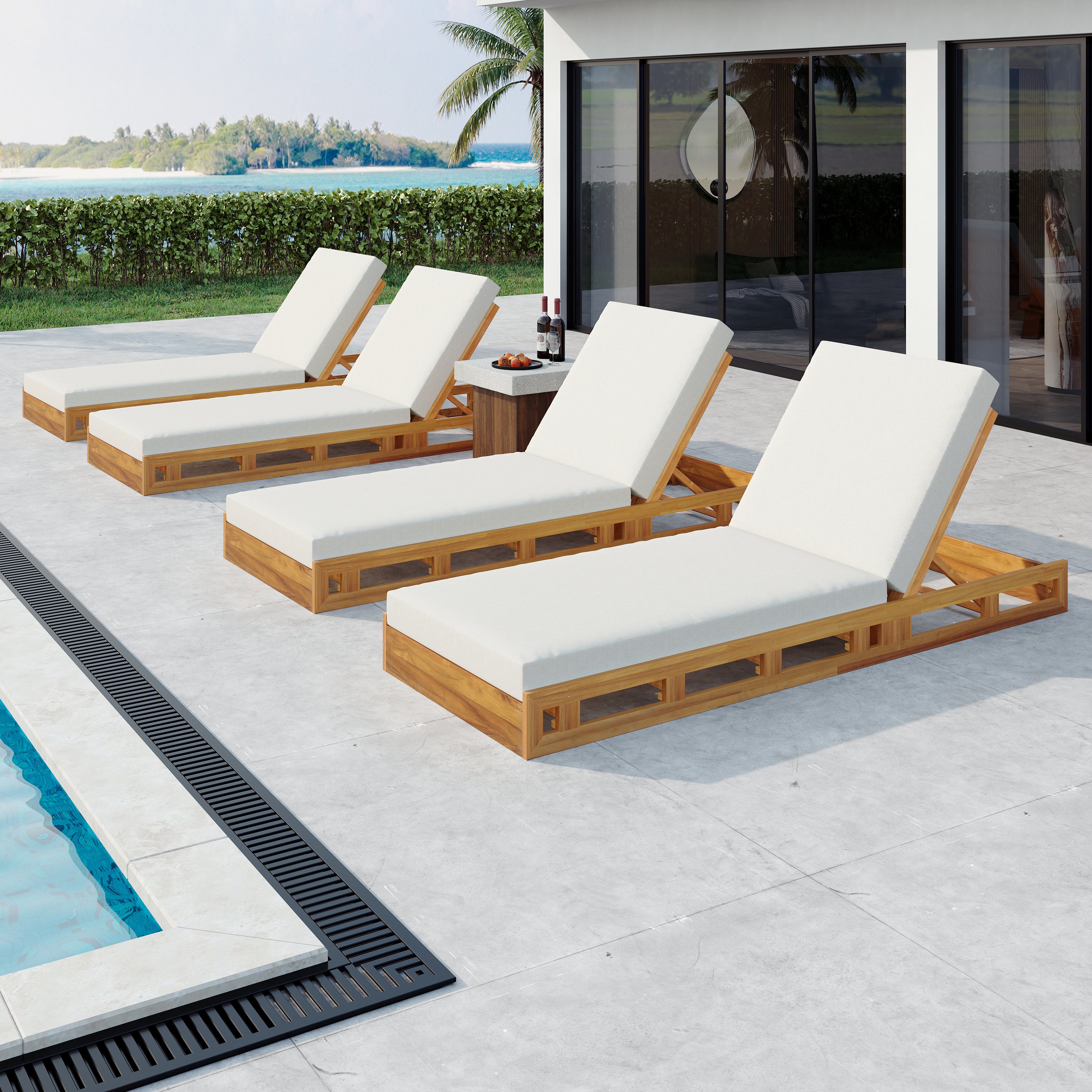 Lounge Chaise Set - Acacia Wood with Water-Resistant Cushions