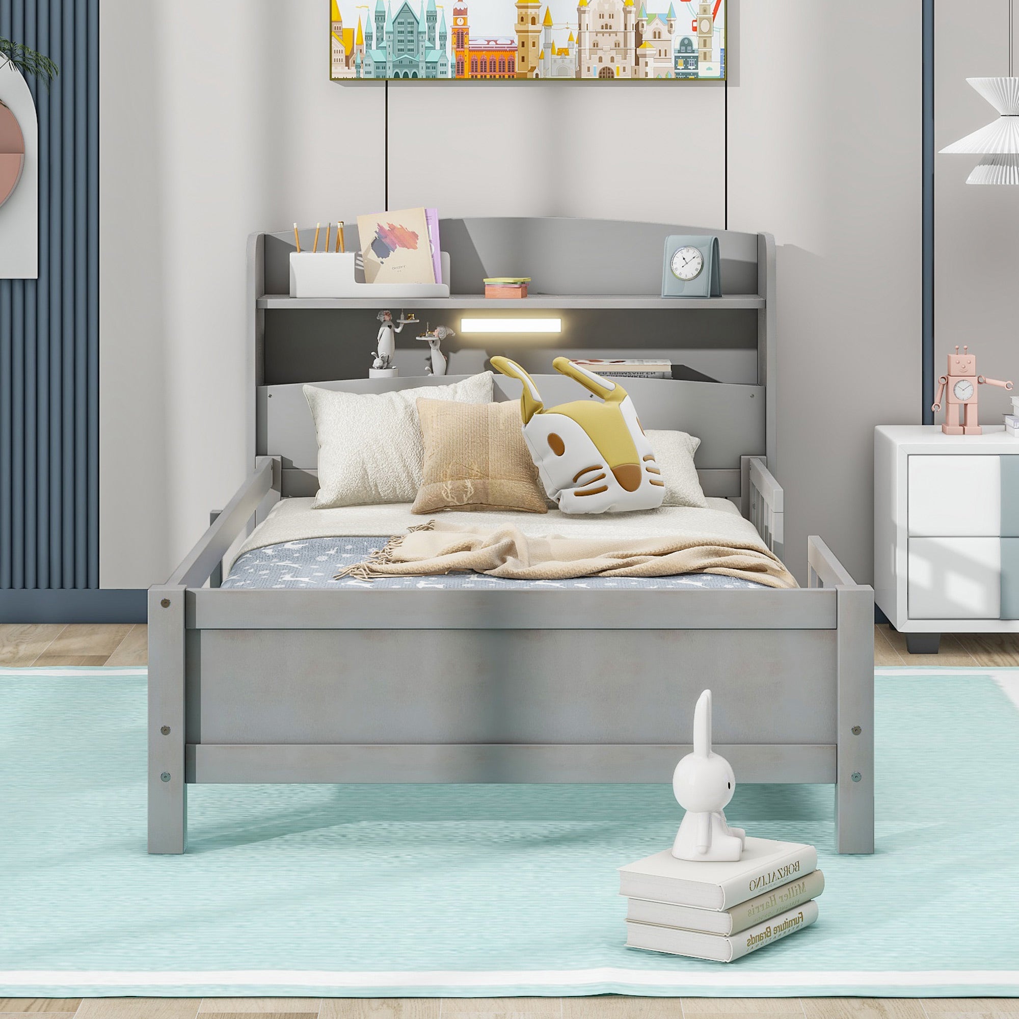 Wood Twin Size Platform Bed with Built-in LED Light, Storage Headboard and Guardrail, Antique