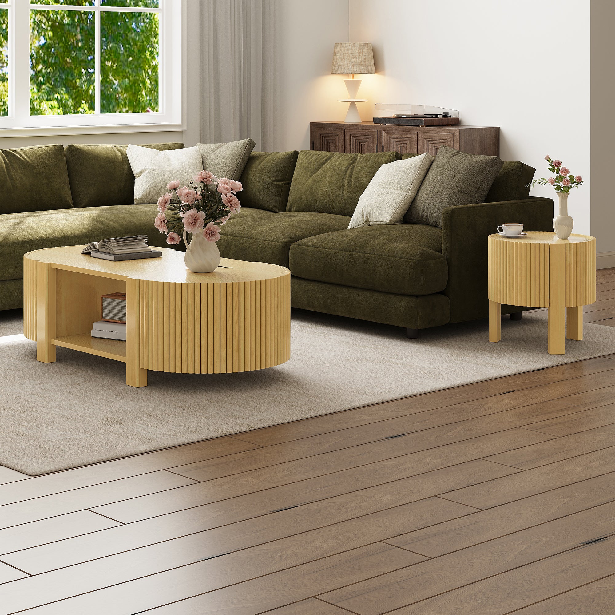 Oval Fluted Coffee Table with Storage for Living Room