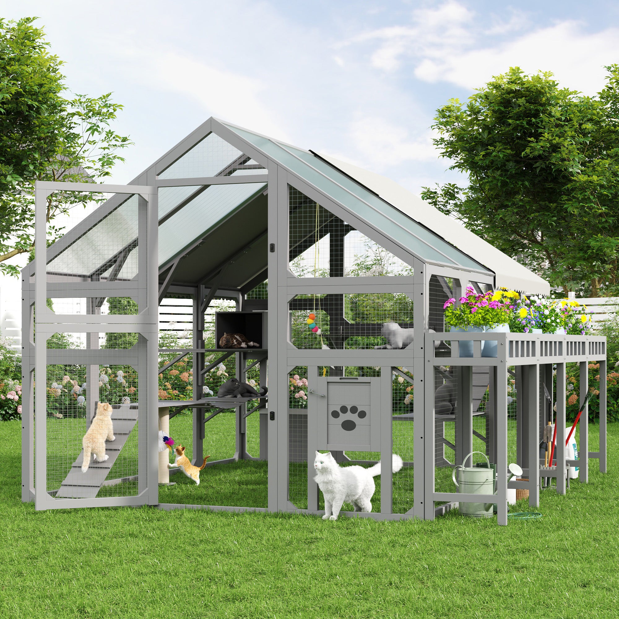 Large Outdoor Cat House with Planter Stand