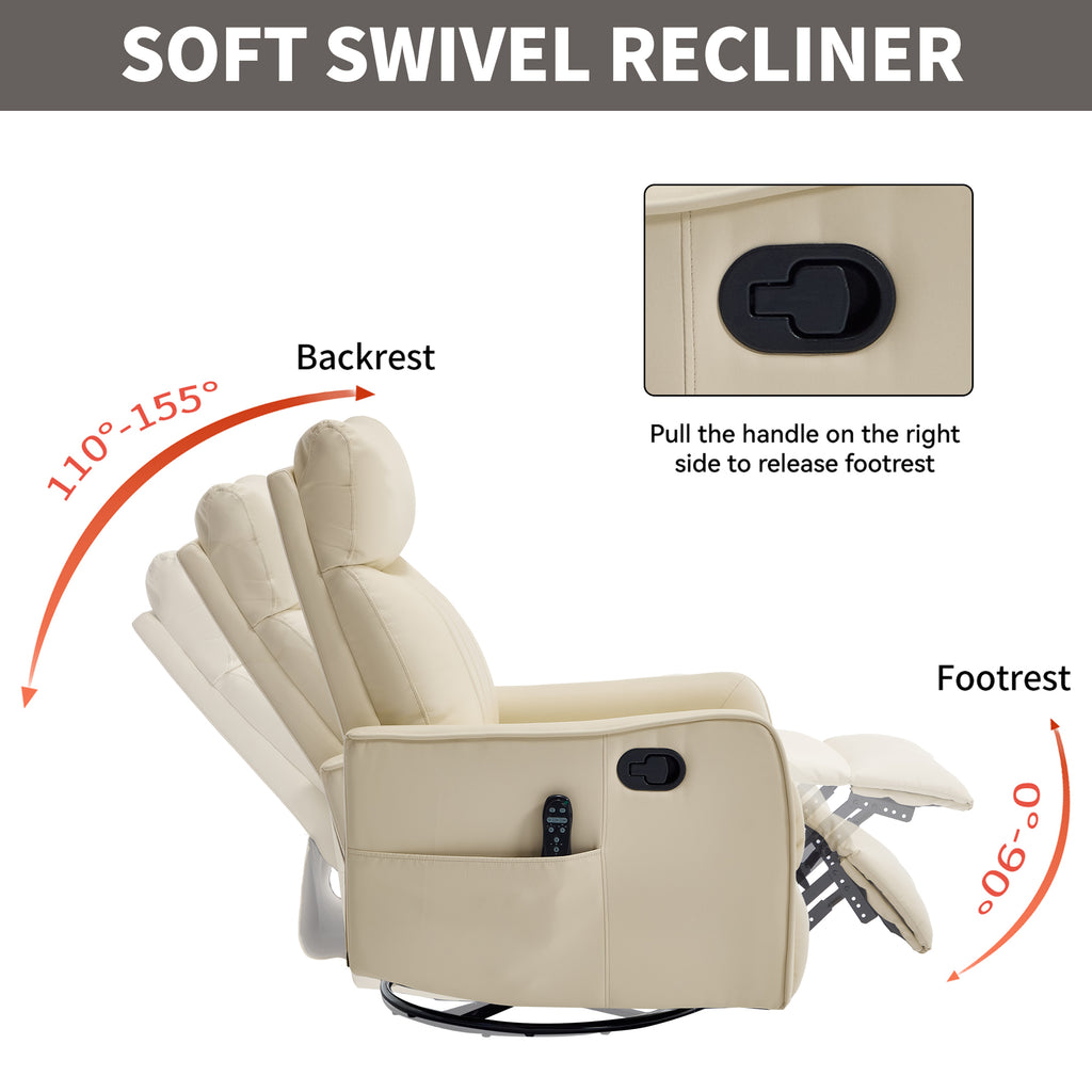 Beige Heat Massage Manual Recliner Chair with Rocker and Swivel in Faux Leather