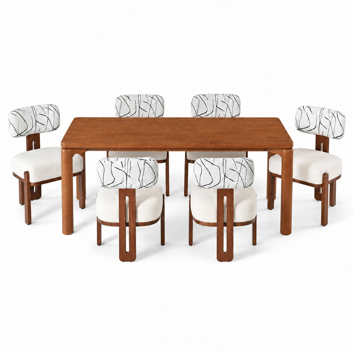 7-Piece Dining Table Set for 6, 70-Inch Walnut Rubber Wood with Upholstered Chairs