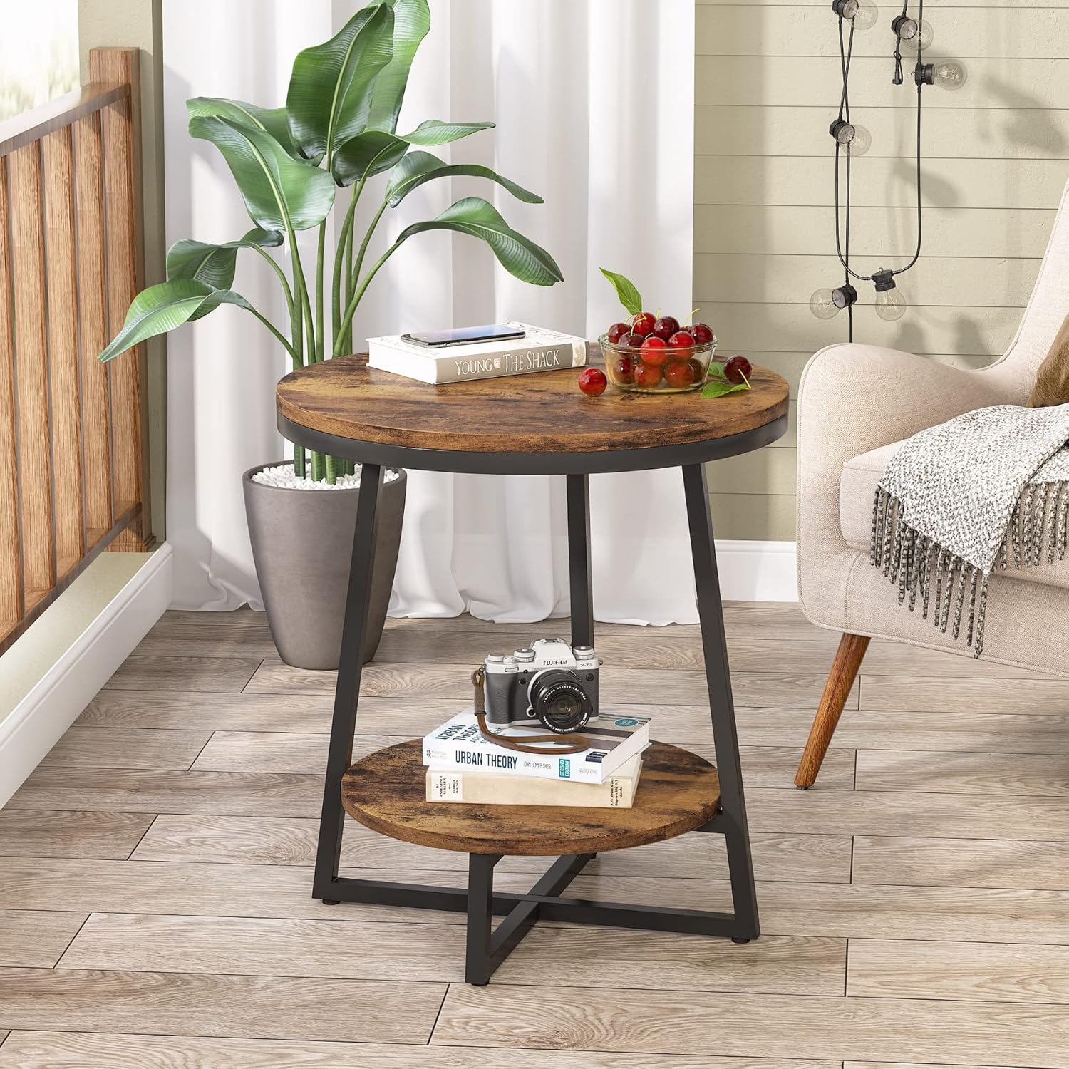 19.68" Industrial End Table with Storage Shelf – 2-Tier Round Side Table