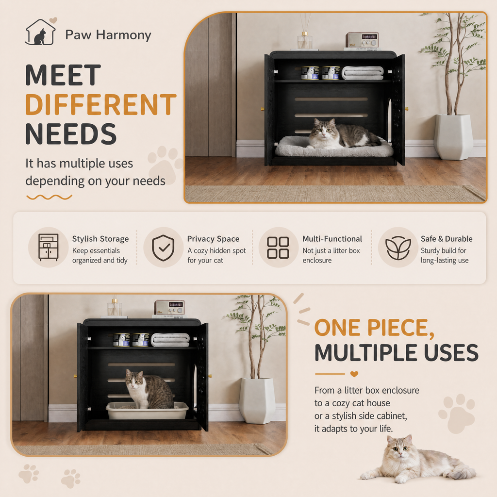 Black Hollow‑Carved Cat Litter Box Enclosure Cabinet, Multi‑Purpose Sideboard with Vent & Large Cat Entry for Living Room & Entryway. Note: Litter box and cat mat not included.