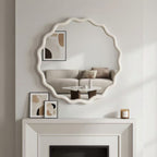 White 24 inch Wavy Round Solid Wood Frame Decorative Mirror