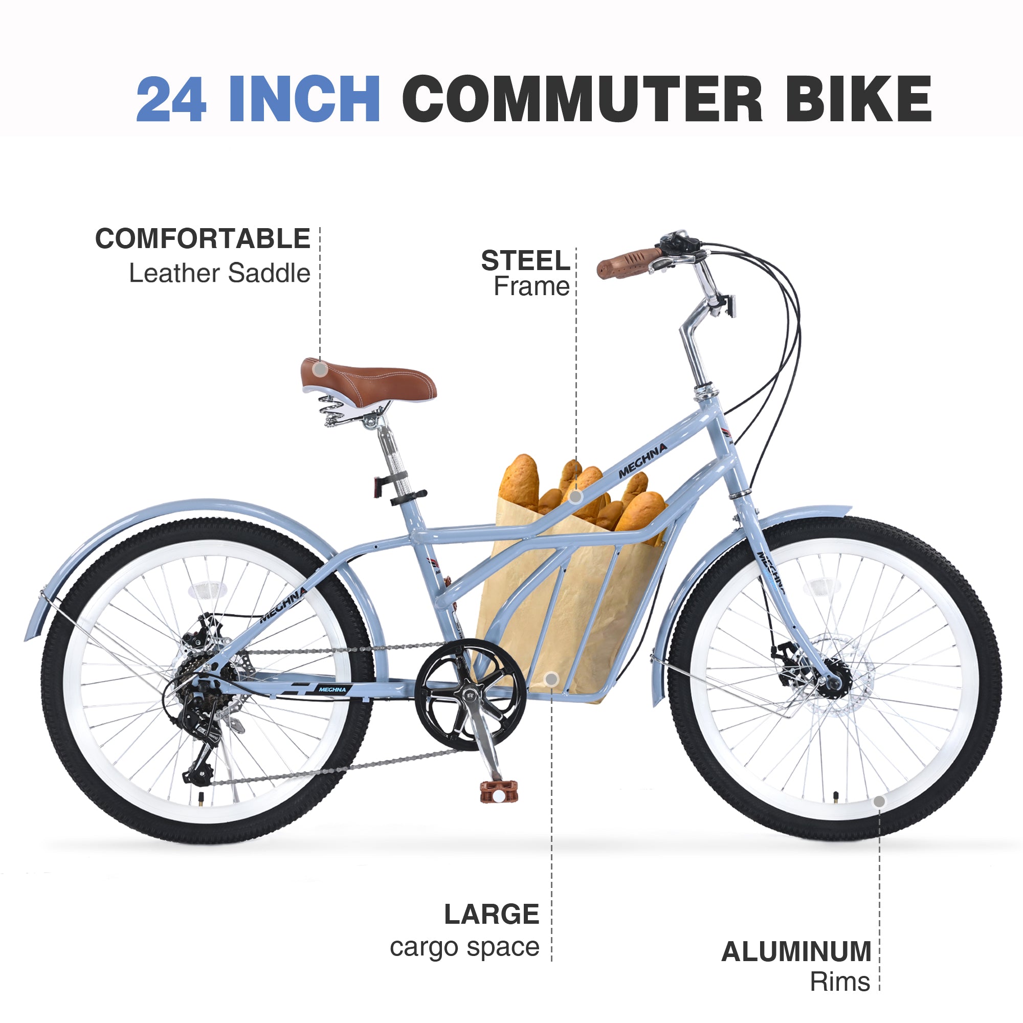 6 Speed Steel Frame 24 Inch Commuter Bike for Adults