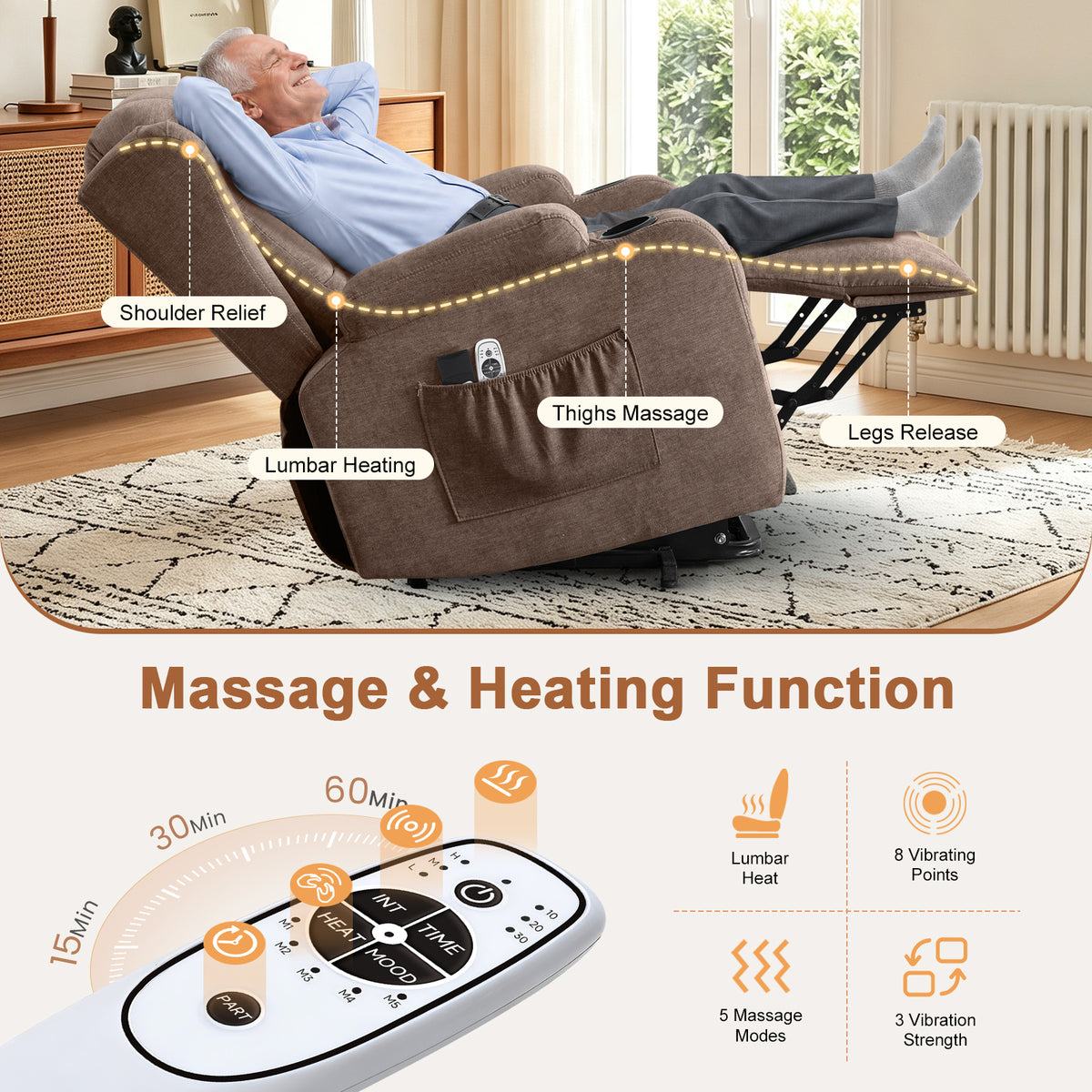 Power Lift Recliner Chair for Elderly with Massage and Heat 8-Point Massage, Lumbar Heat, Electric Lift Assistance, USB Charging Port, Dual Cup Holders, Side Pockets