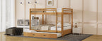 Wood Queen Size Bunk Bed with Ladder and Trundle, Wood Color