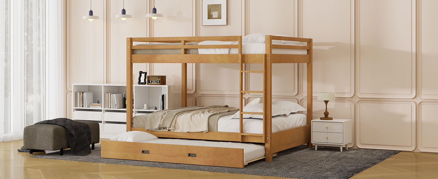 Wood Queen Size Bunk Bed with Ladder and Trundle, Wood Color