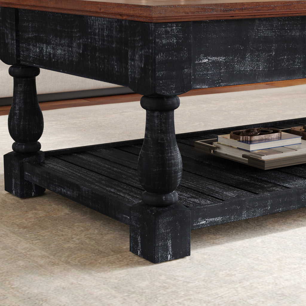 Retro Lift-Top Coffee Table with Hidden Storage and Lower Shelf, Antique Black