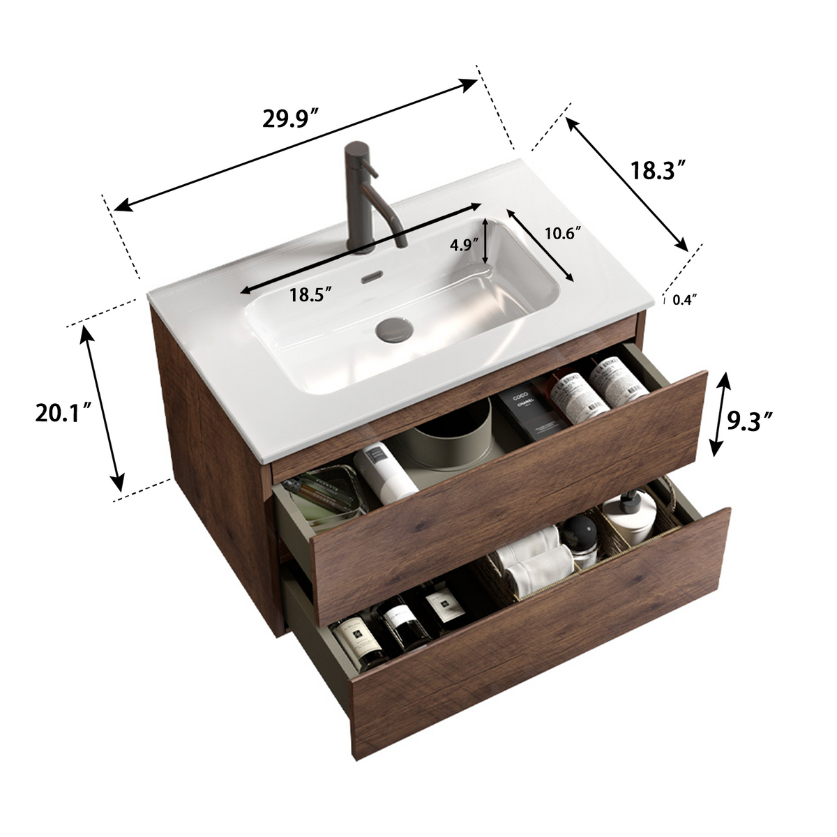 TIA 30 Inch Wall Mounted Bathroom Vanity, Walnut