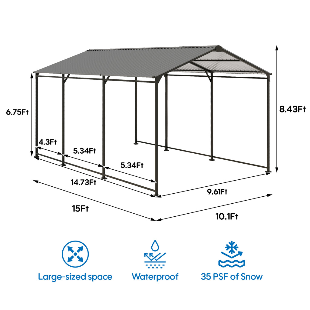 Heavy Duty Metal Carport 10 × 15 FT