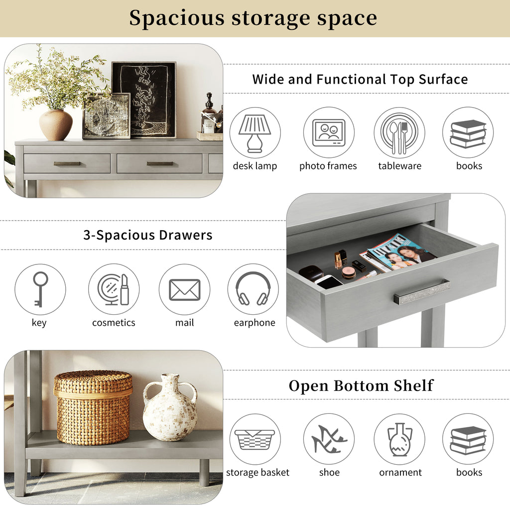U_STYLE 59.1'' Farmhouse Entryway Table with 3 Drawers