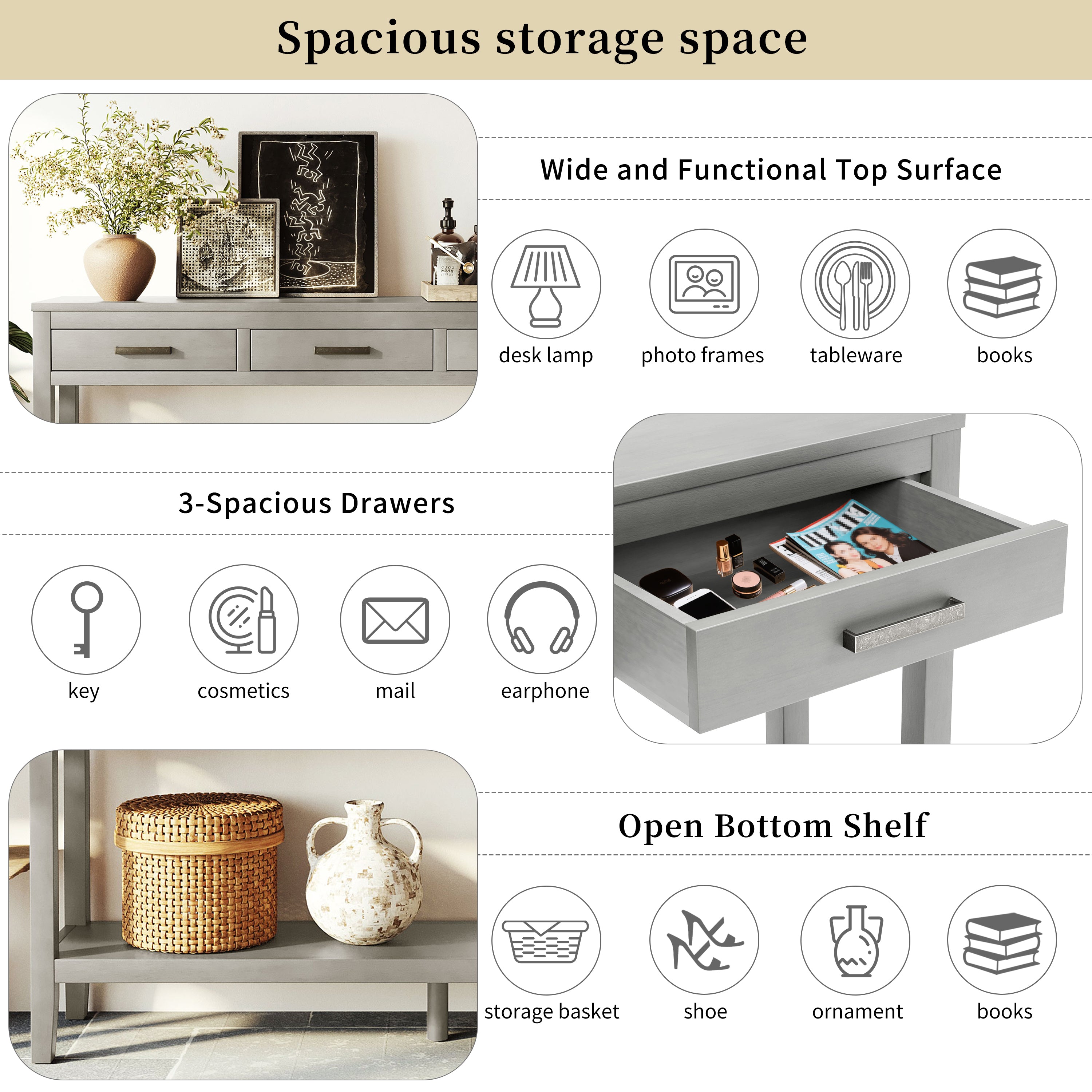 U_STYLE 59.1'' Farmhouse Entryway Table with 3 Drawers