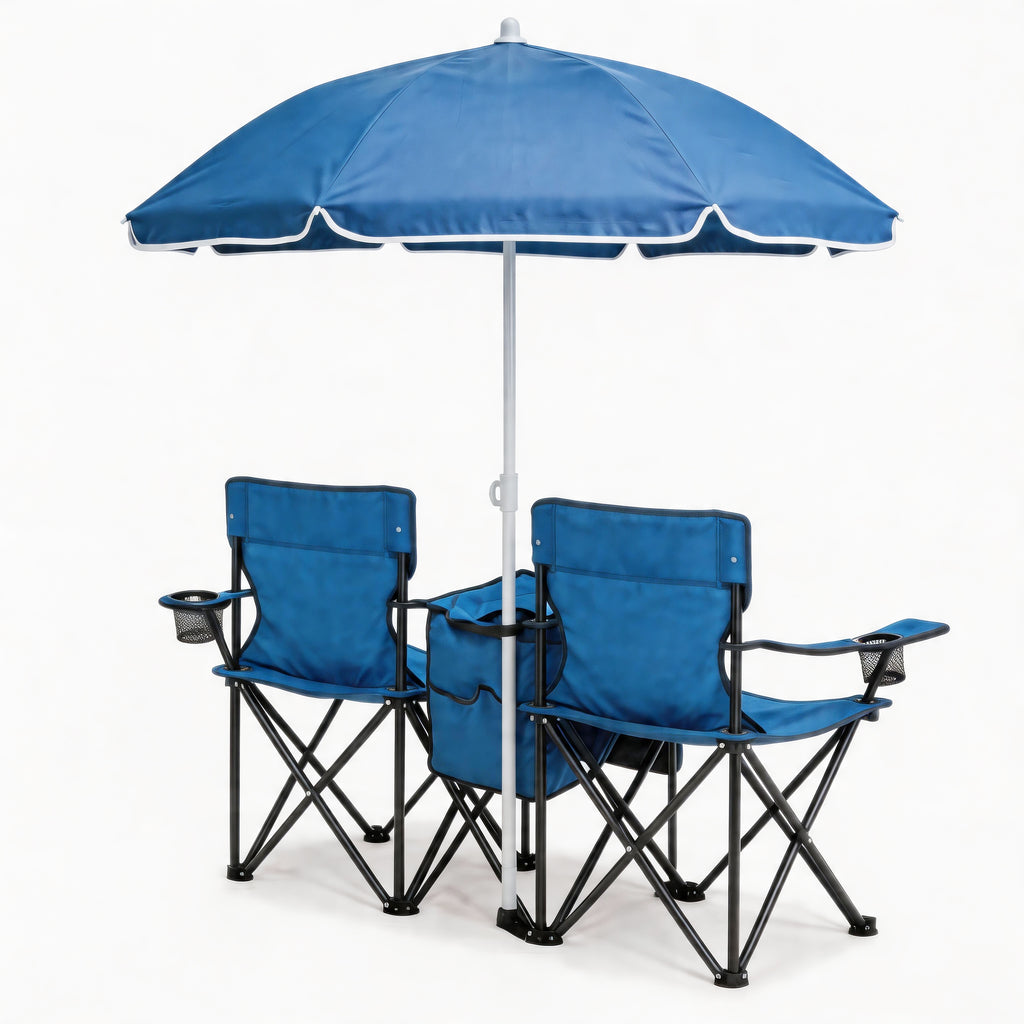 Portable Double Folding Beach Chair Set with Umbrella