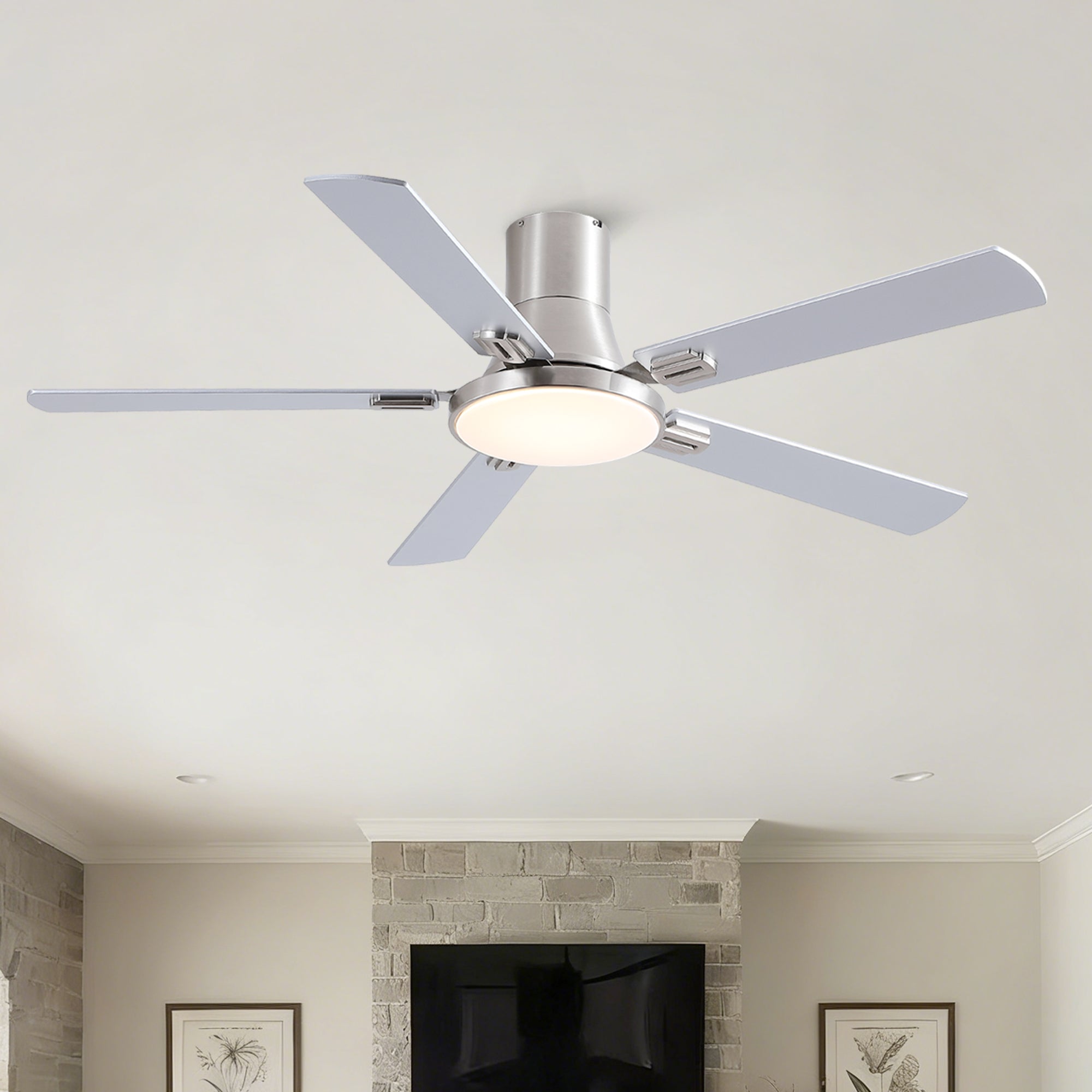 52 Inch Modern Brushed Nickel Flush Mount Ceiling Fan with Light and Remote Control