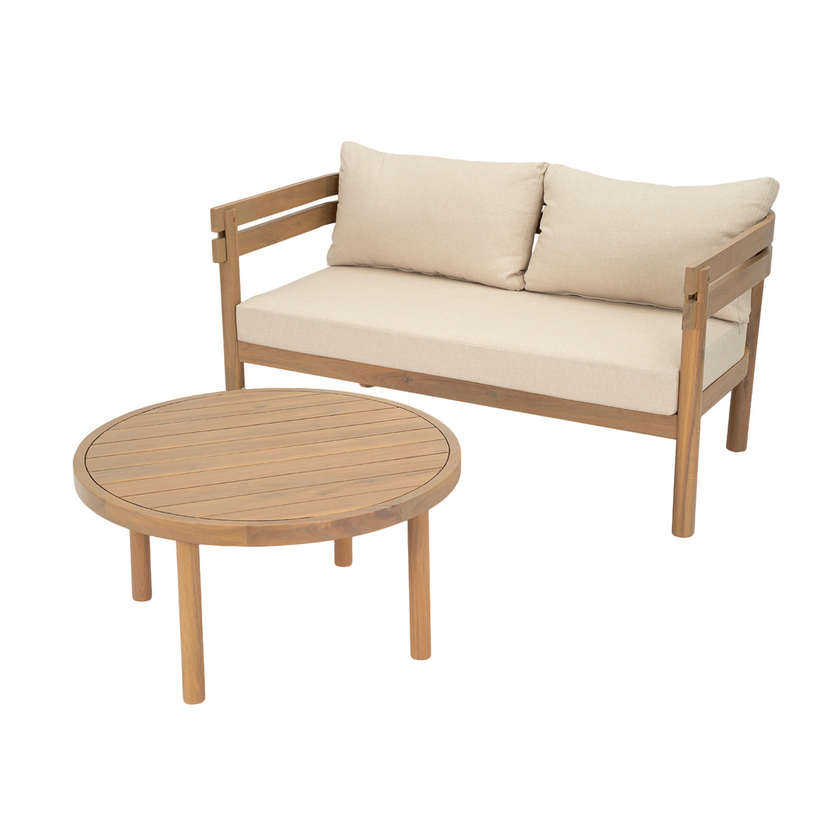 2-Piece Outdoor Acacia Wood Patio Loveseat Conversation Set, Light Brown