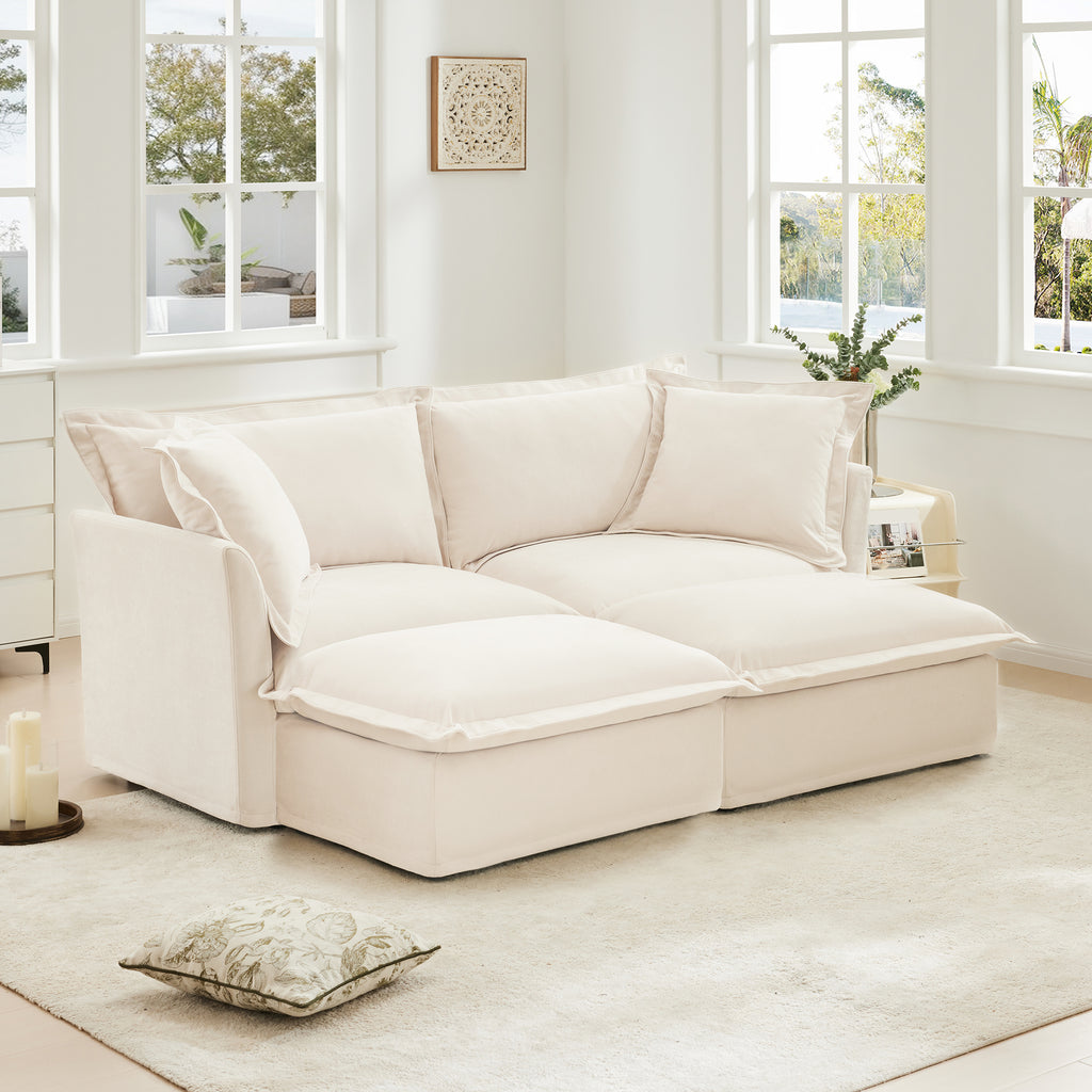 Chenille Slipcovered 2 Seater Sofa with 2 Ottomans