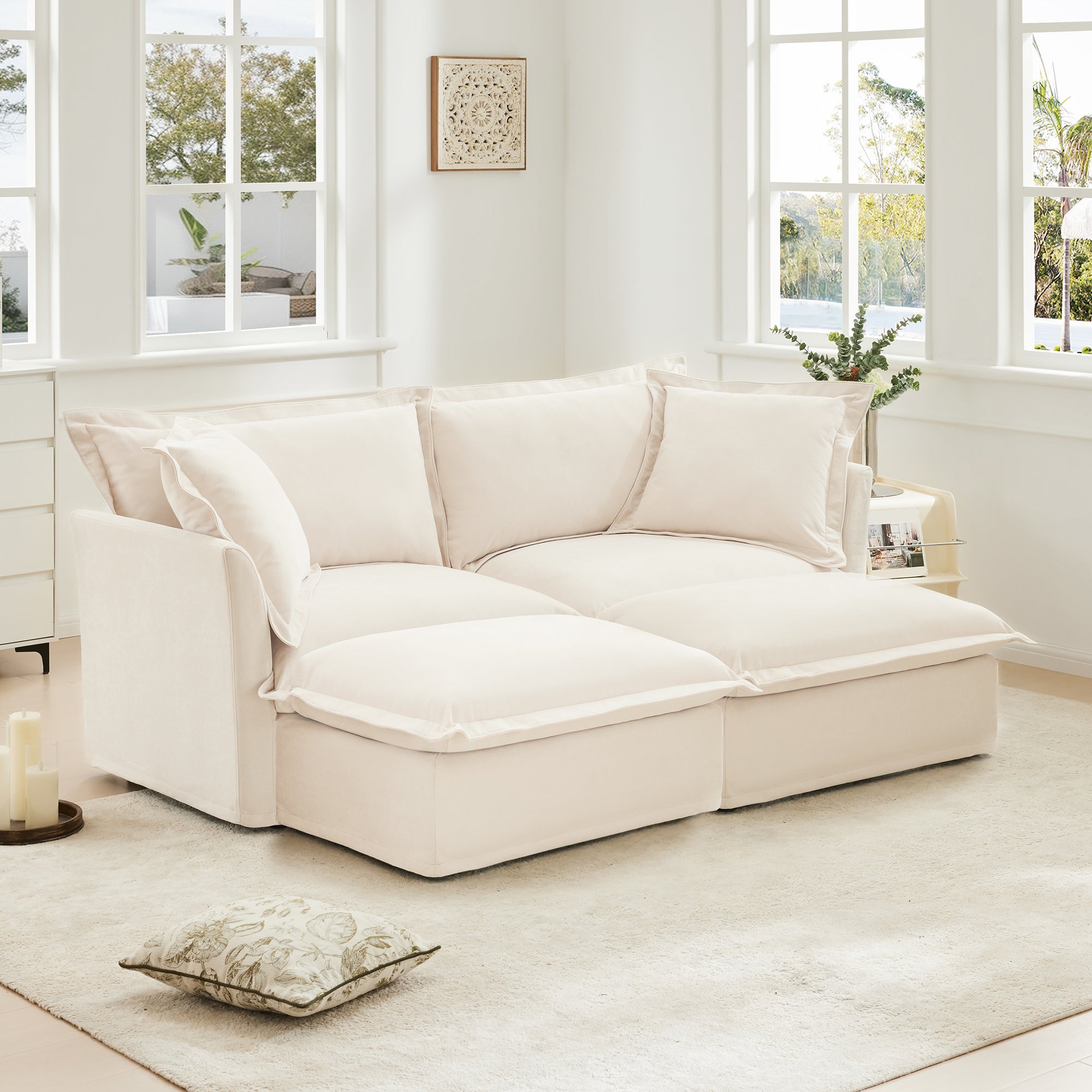 Chenille Slipcovered 2 Seater Sofa with 2 Ottomans