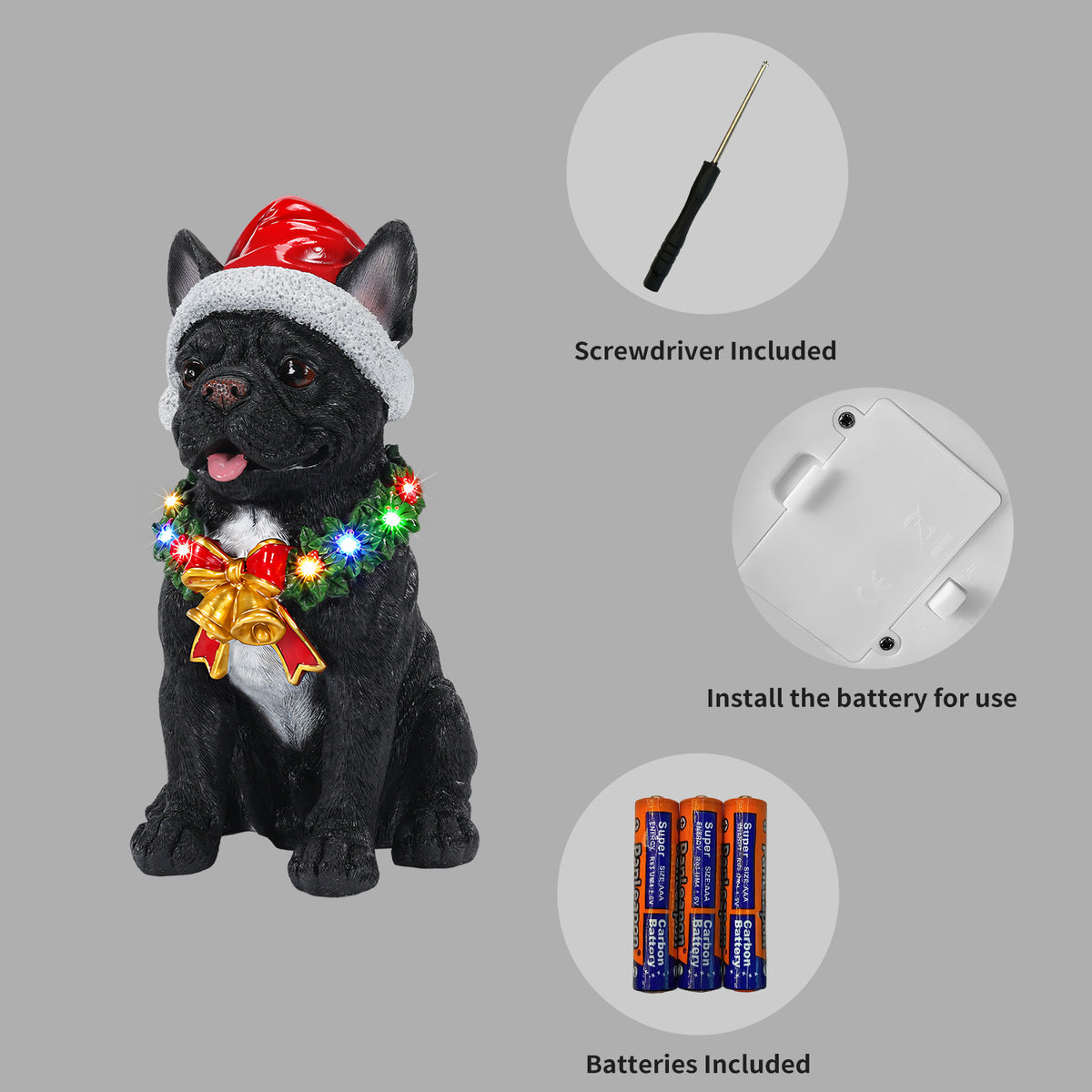 Lighted Christmas French Bulldog Statue, Black Resin, 14 Inches