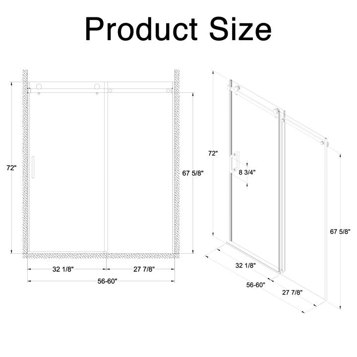 Frameless Sliding Shower Door 56-60"W x 72"H