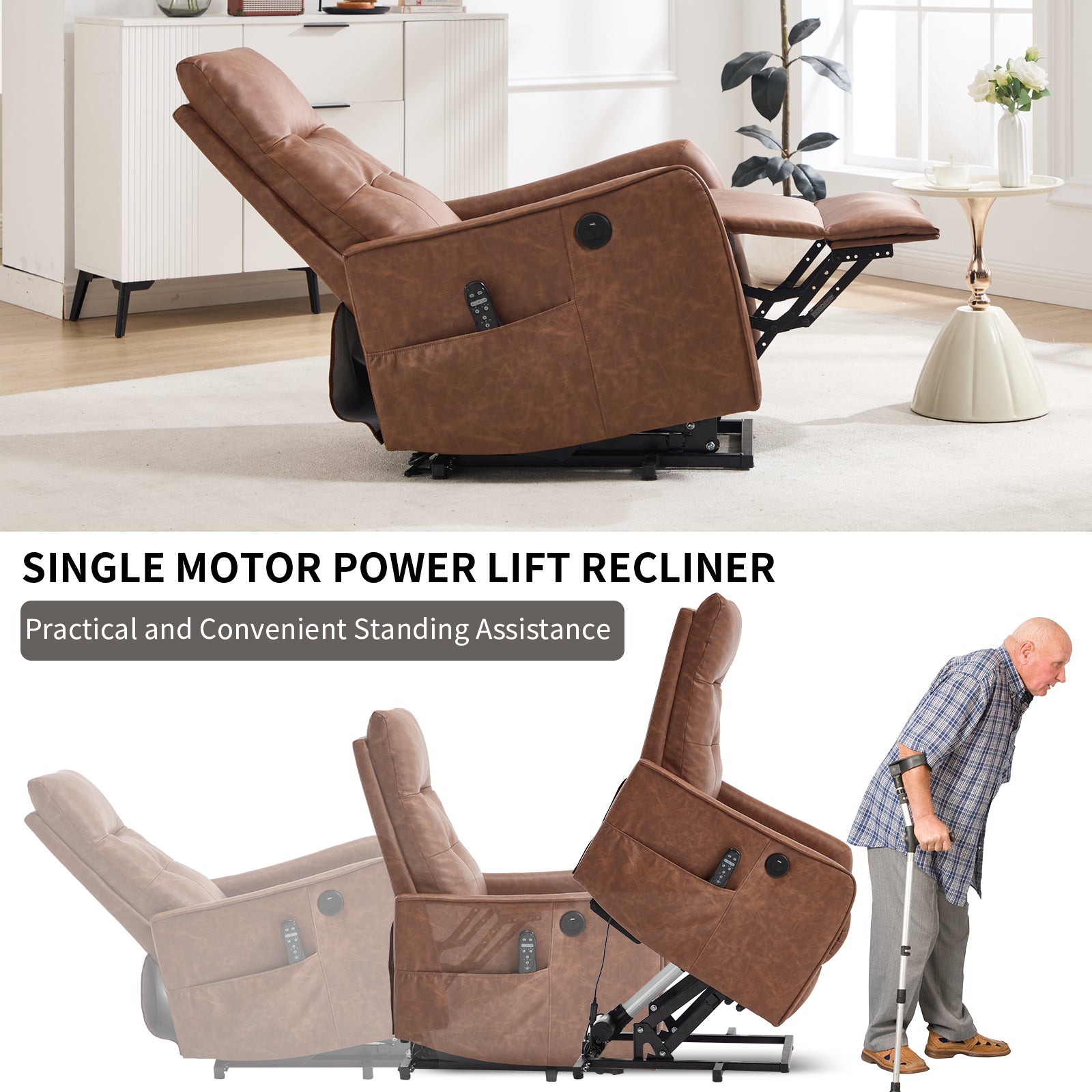 Brown PU Single Motor Power Lift Recliner Chair with Massage and Heat