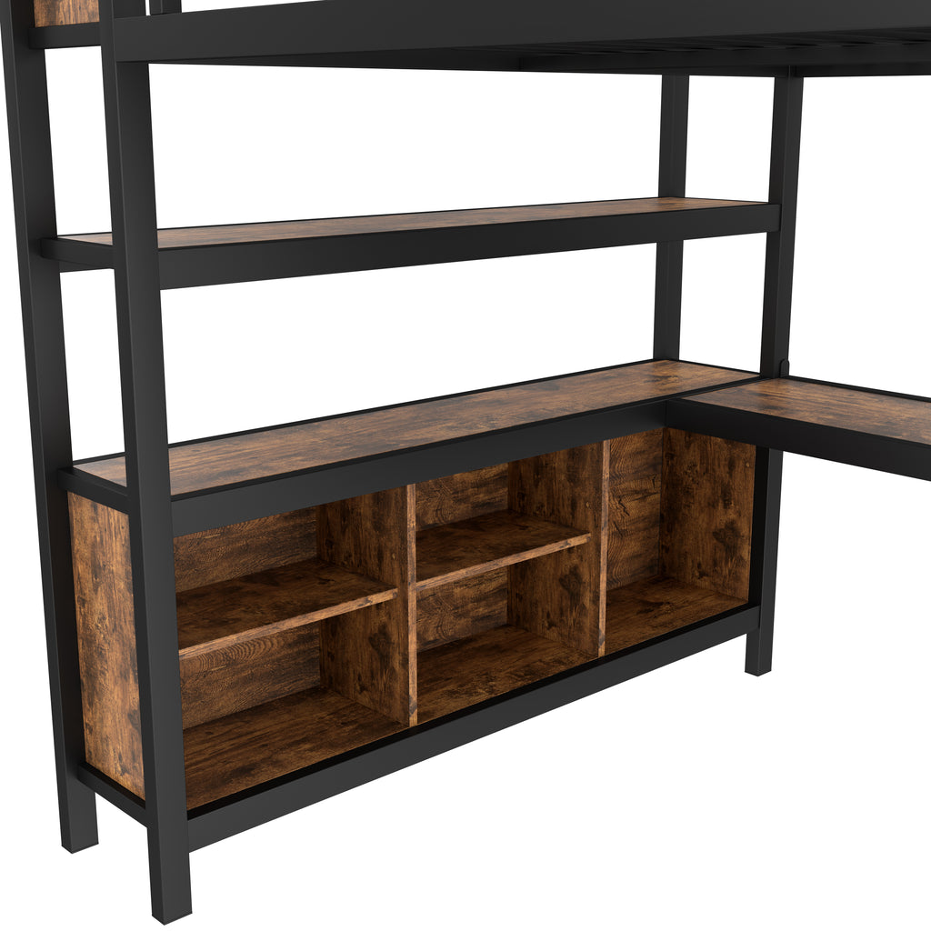 Metal Loft Bed with Wardrobe and L-shaped Desk