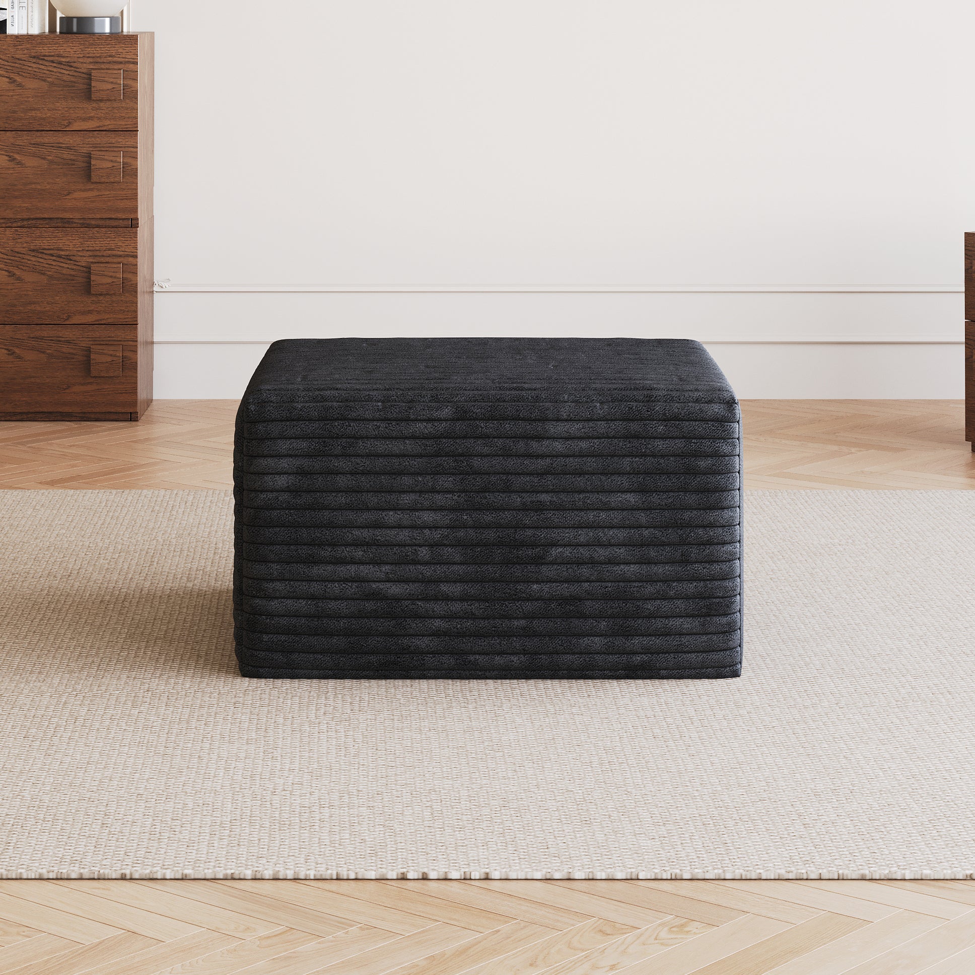 No Assembly Required Sofa Ottoman in Black Plush Corduroy