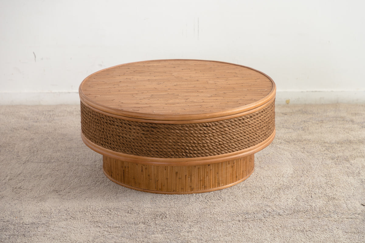 31.5-Inch Round Retro Coffee Table With Flip-Top Cover, Natural