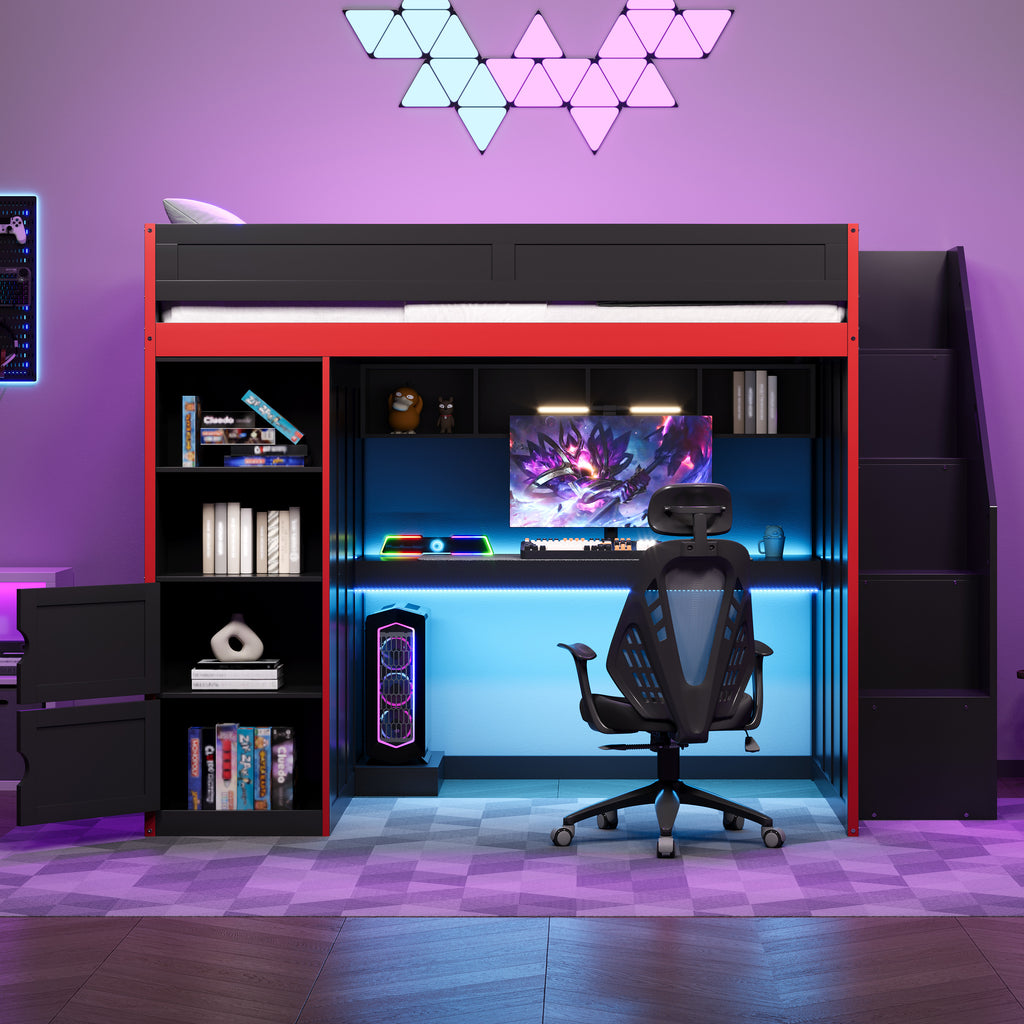 Gaming Loft Bed with Desk and Storage, LED Lights, Full