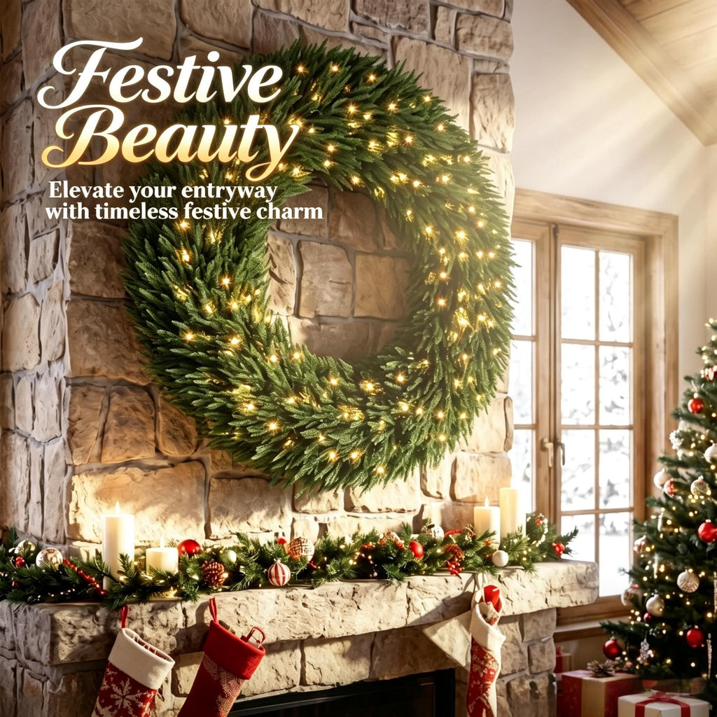 48 Inch Artificial Norfolk Pine Christmas Wreath, Pre-Lit with LED Lights