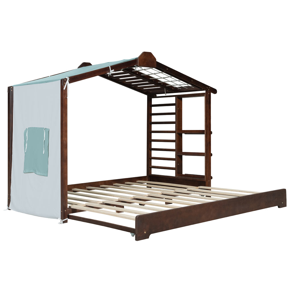 Twin Size House Bed with Twin Size Trundle and Side Shelves